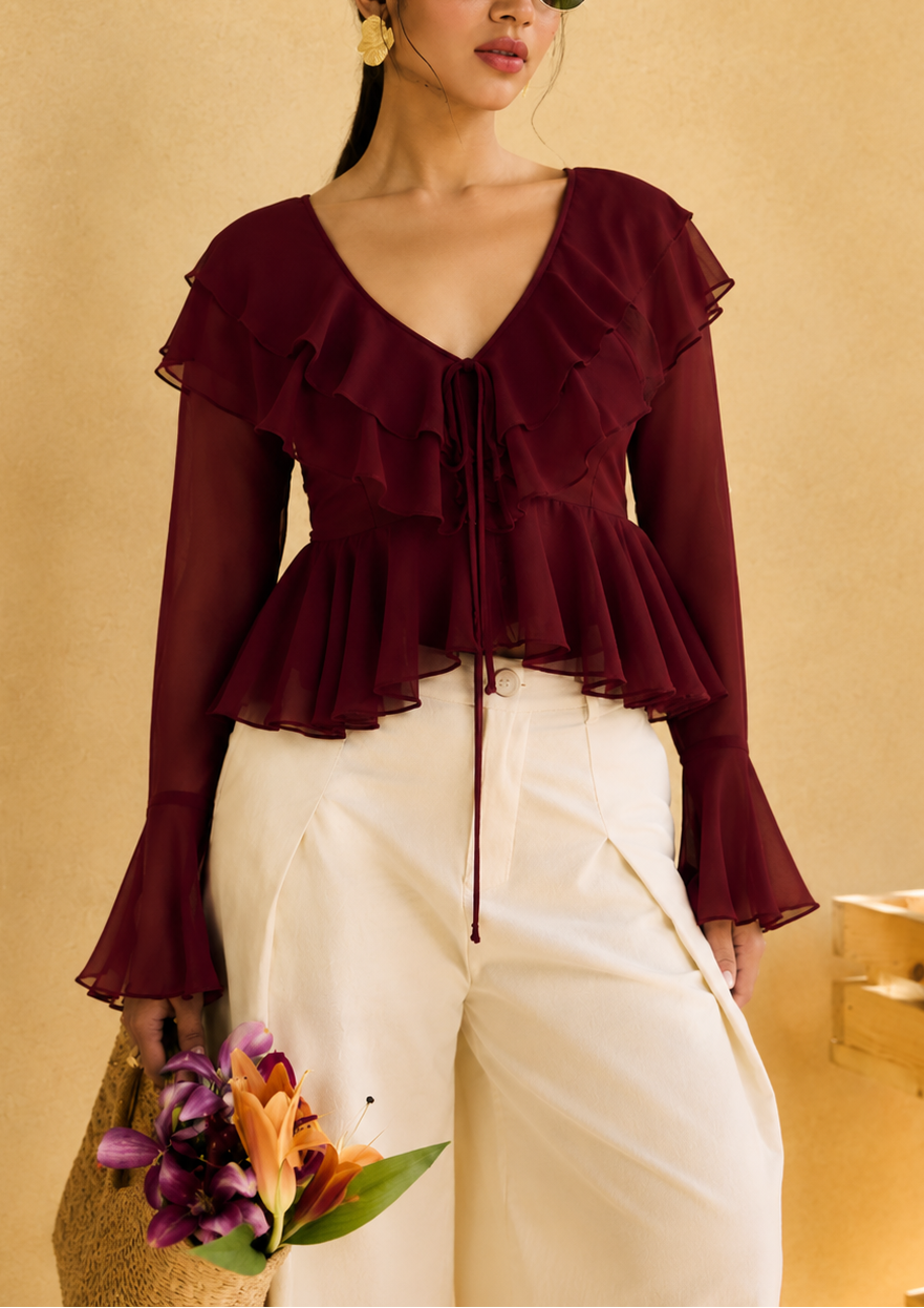Briar Burgundy Georgette Ruffled Boho Blouse
