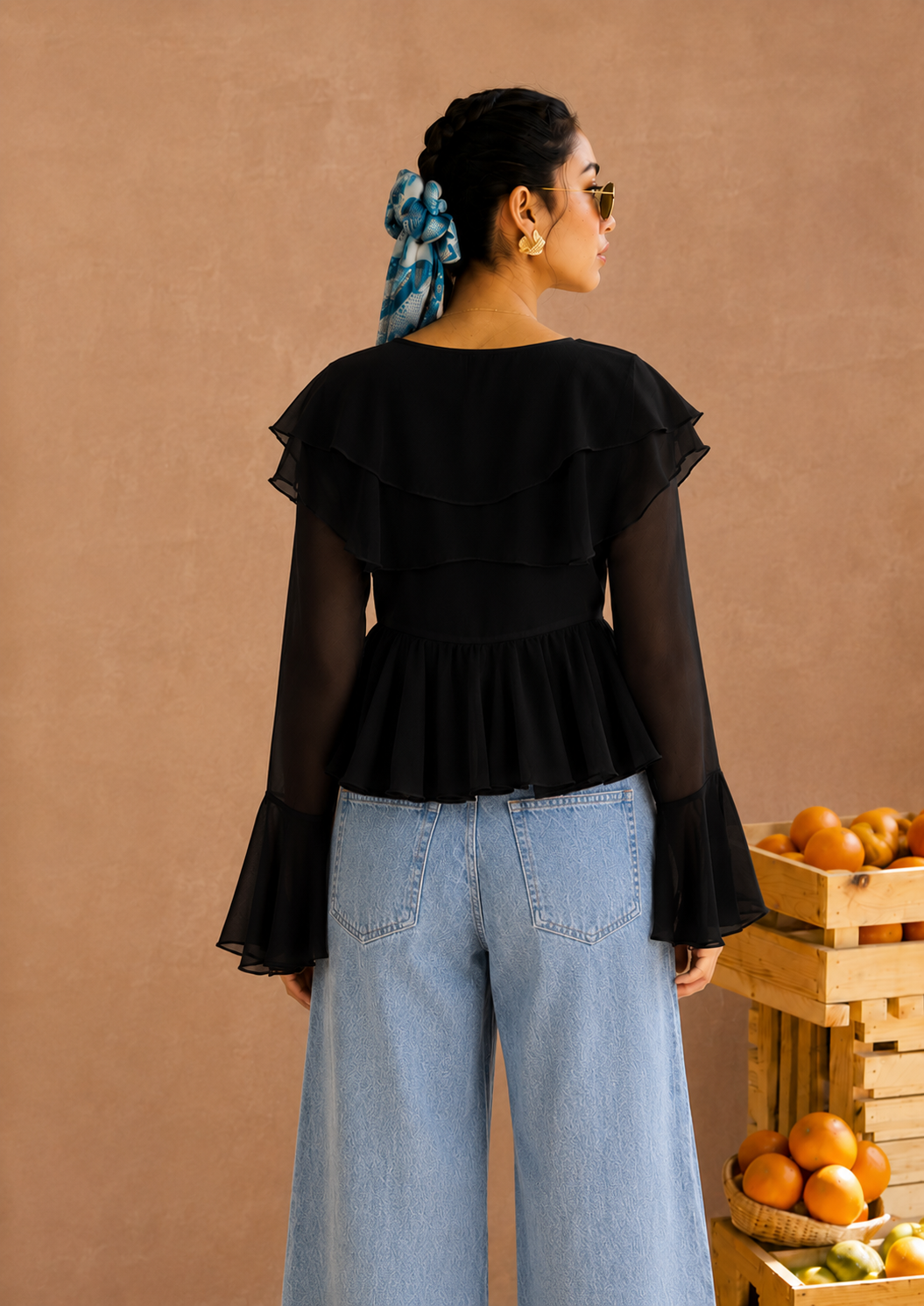Briar Black Georgette Ruffled Boho Blouse