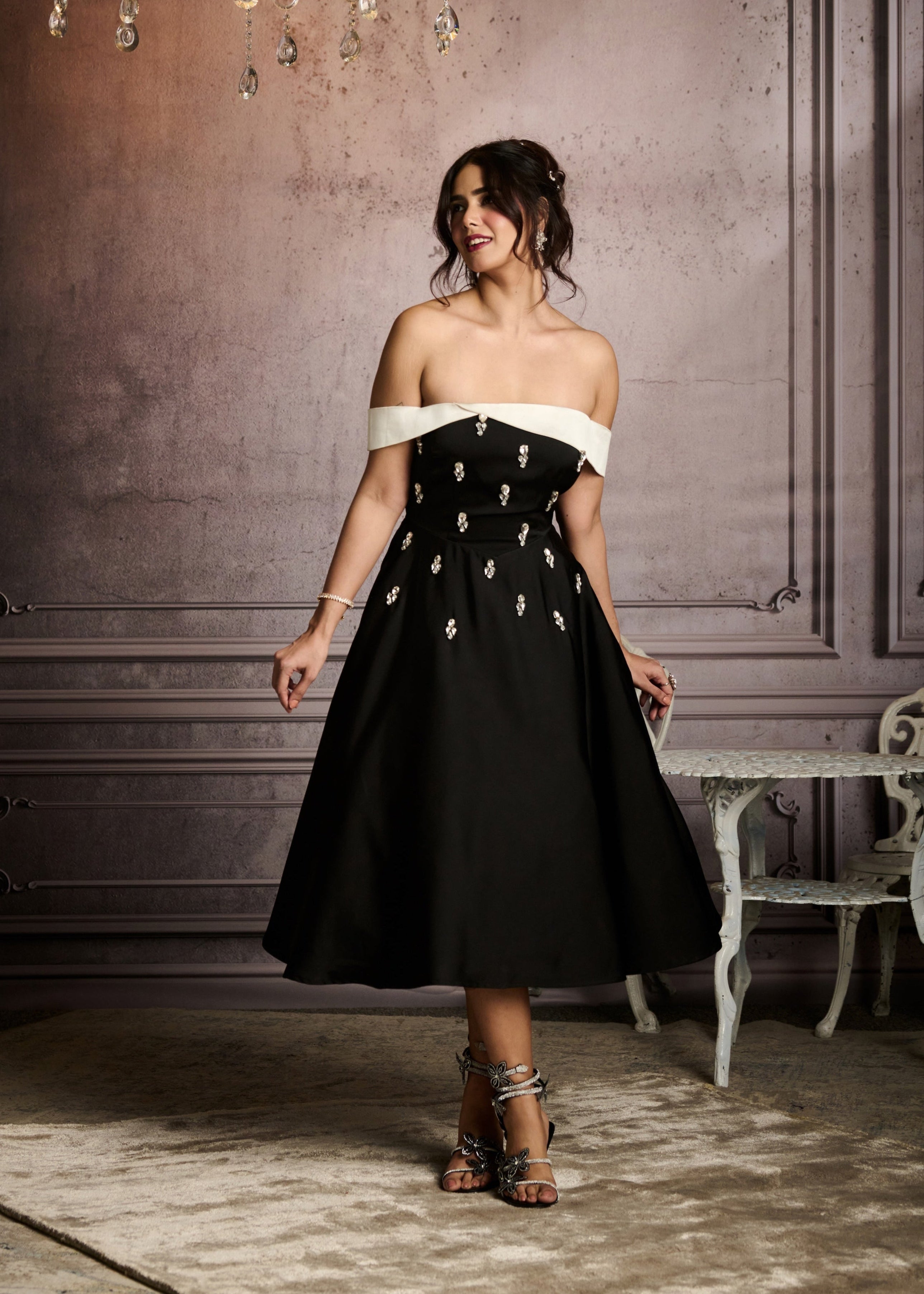 Cristina Black Crystal Hand-Embellished A-Line Satin Midi Dress Lea Clothing Co. Cristina Black Crystal Hand-Embellished A-Line Satin Midi Dress Lea Clothing Co.