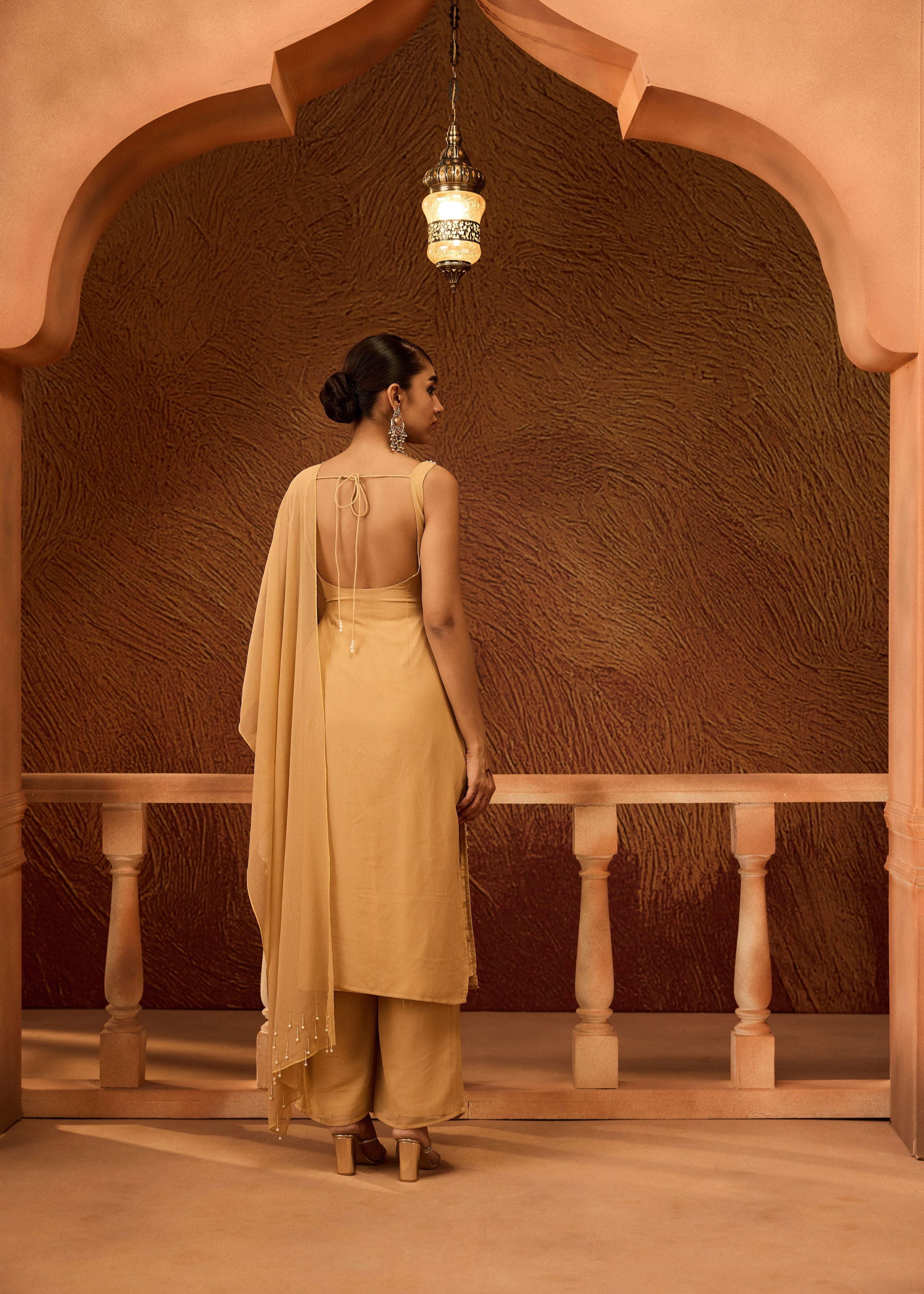 Devashri Beige Pearl Embroidered Kurta Set