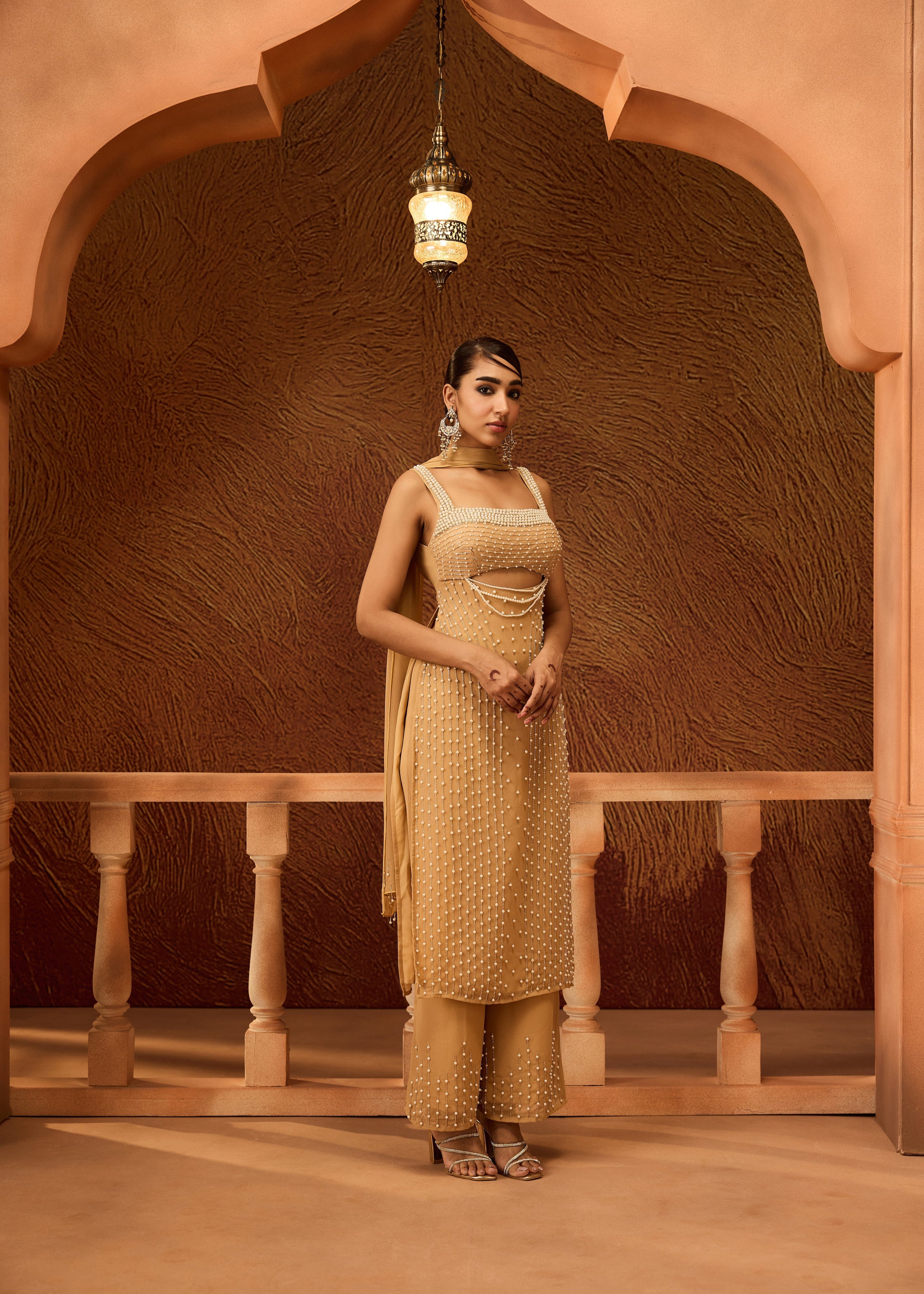 Devashri Beige Pearl Embroidered Kurta Set