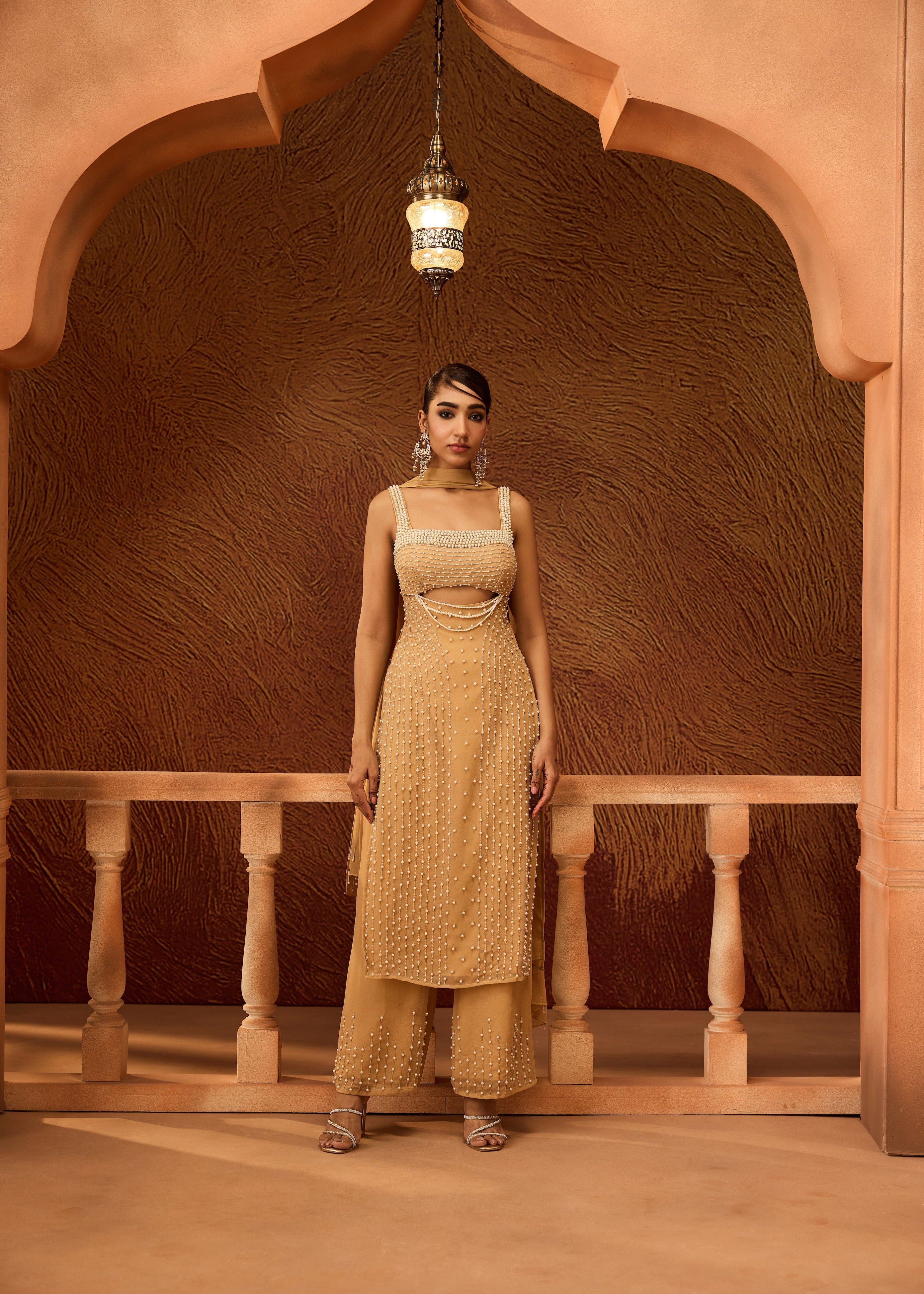 Devashri Beige Pearl Embroidered Kurta Set