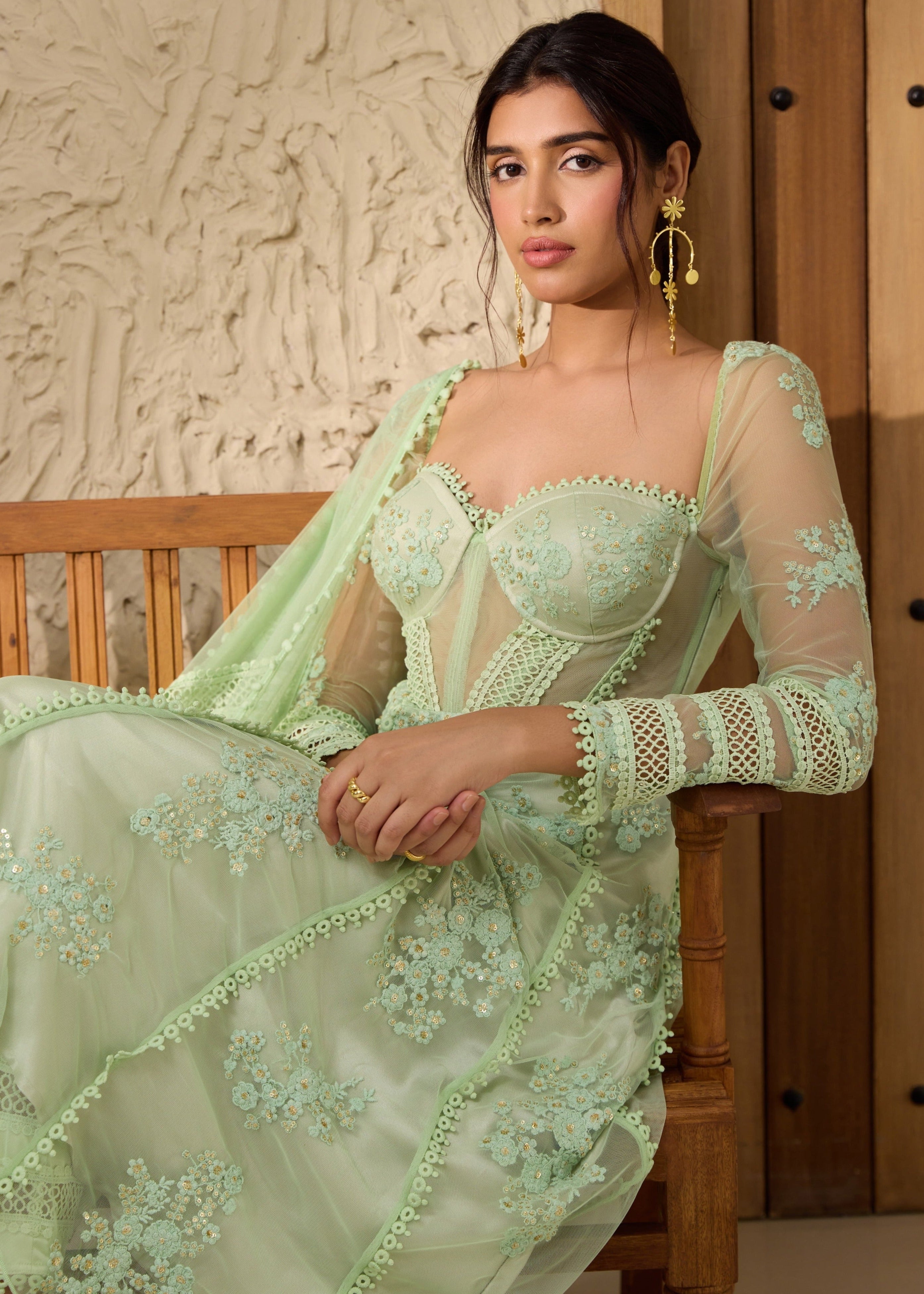 Fariha Green Embroidered Corset Anarkali Suit Set featuring detailed embroidery and a flowing Anarkali silhouette