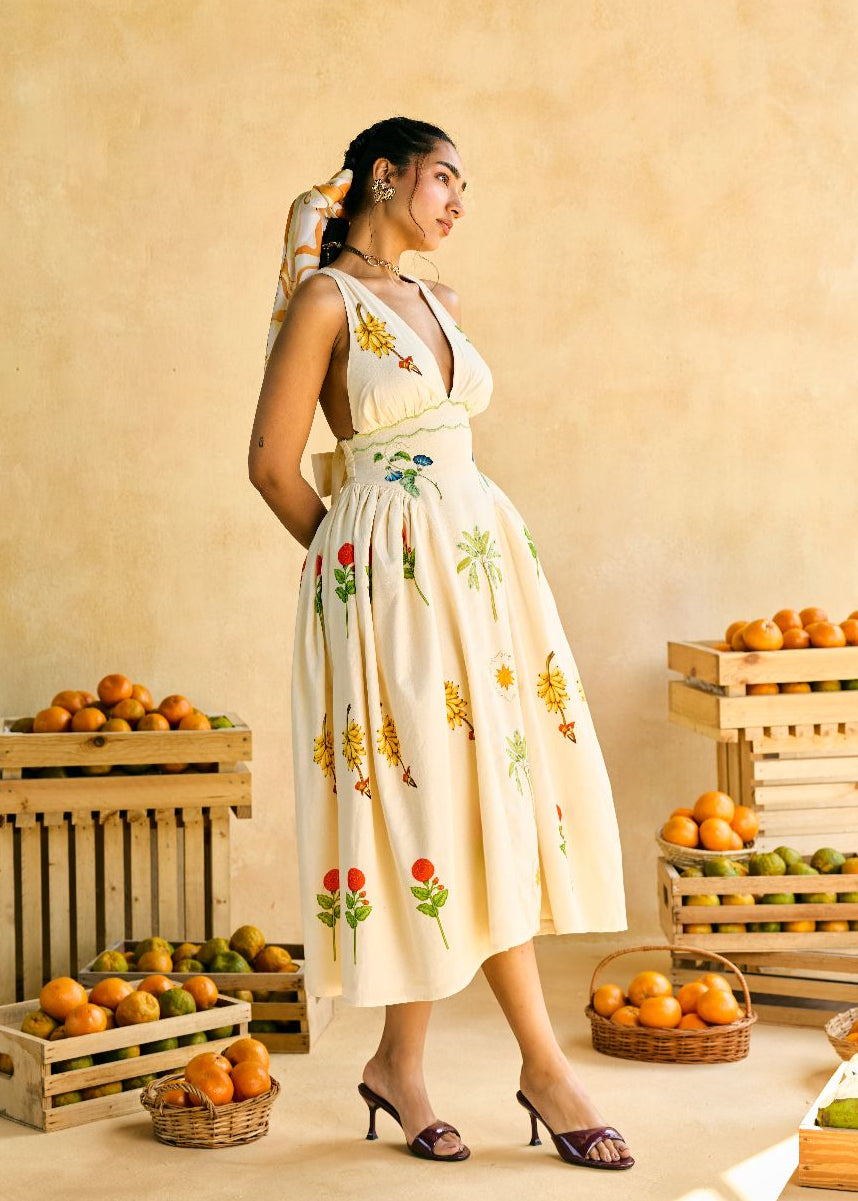 Gulmohar Fauna Embroidered Midi Dress