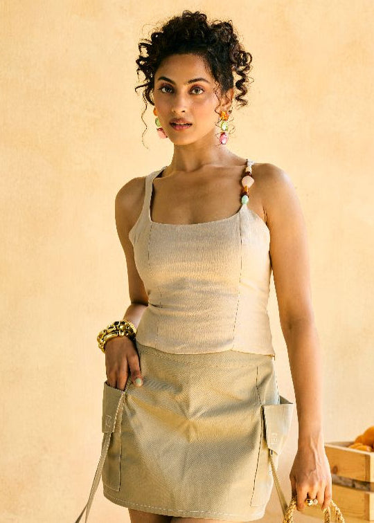 Aamras Beige One-Shoulder Embellished Top