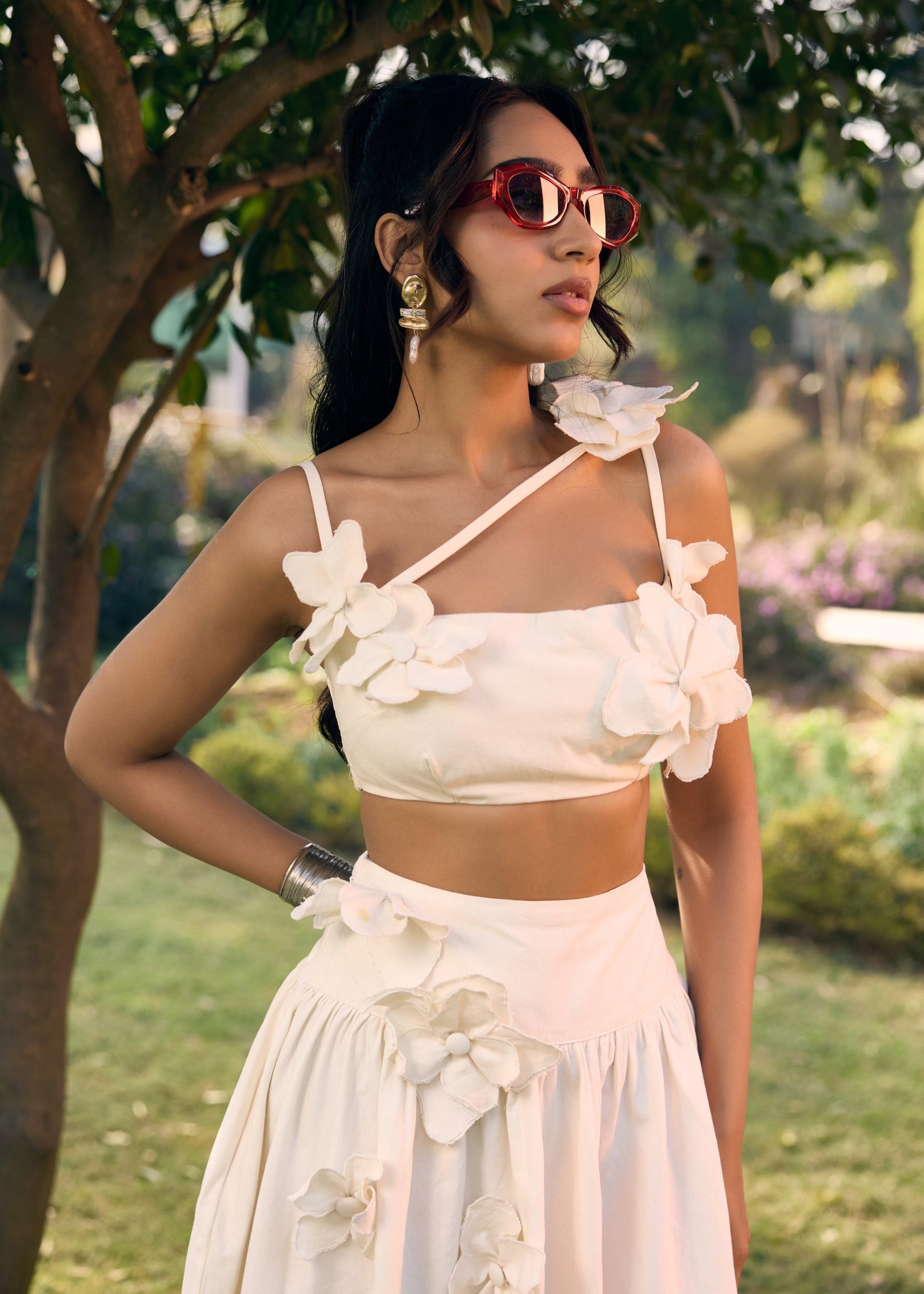 Sharla White 3D Flowers Crop Top