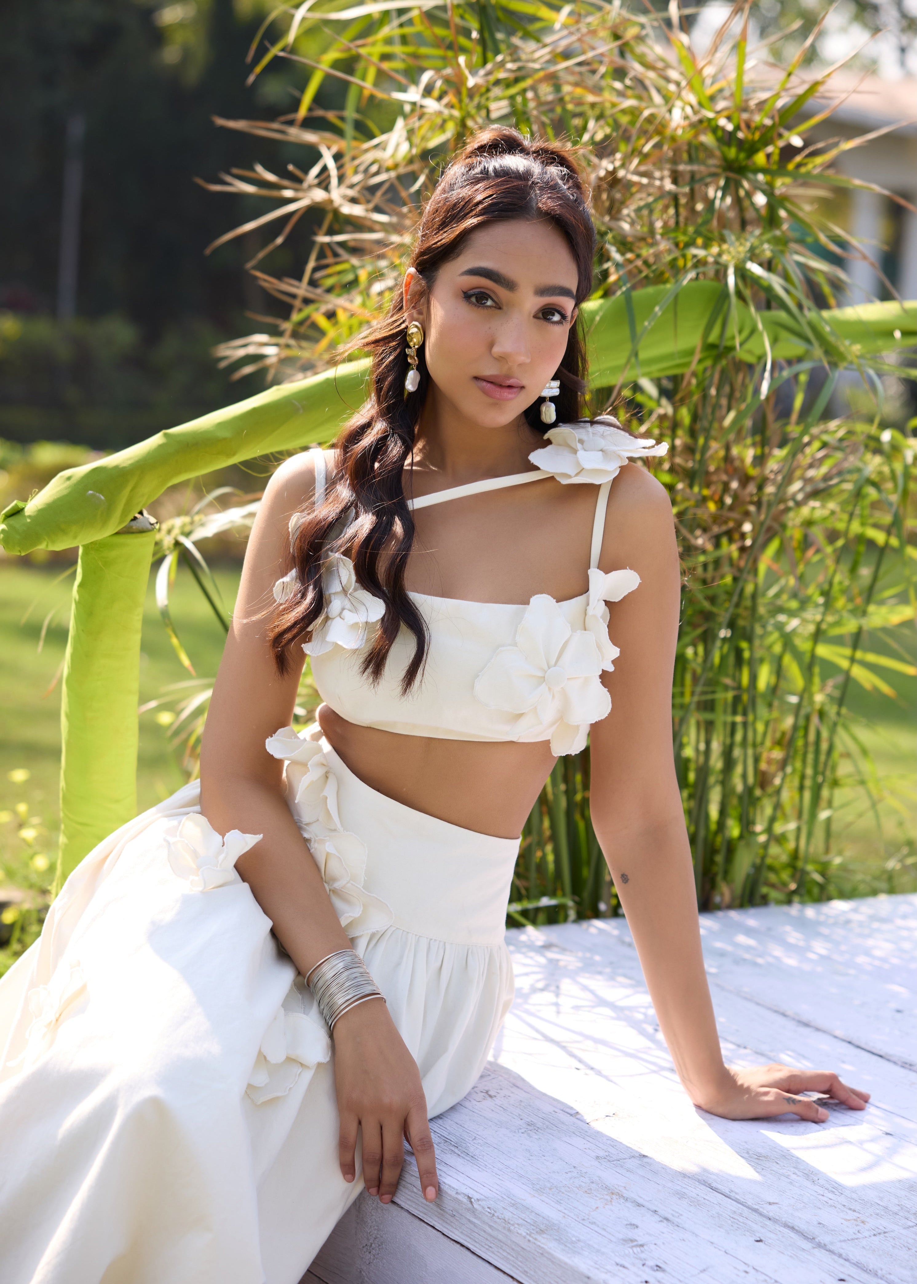 Sharla White 3D Flowers Crop Top
