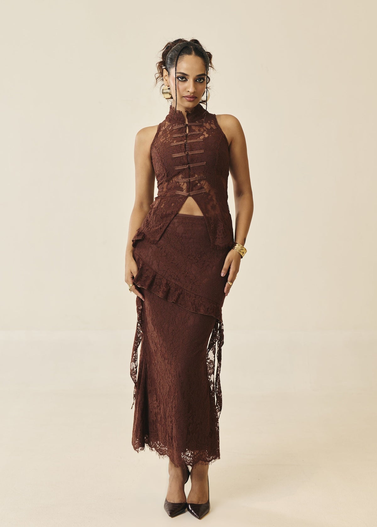 Santorini Espresso Ruffle Maxi Skirt