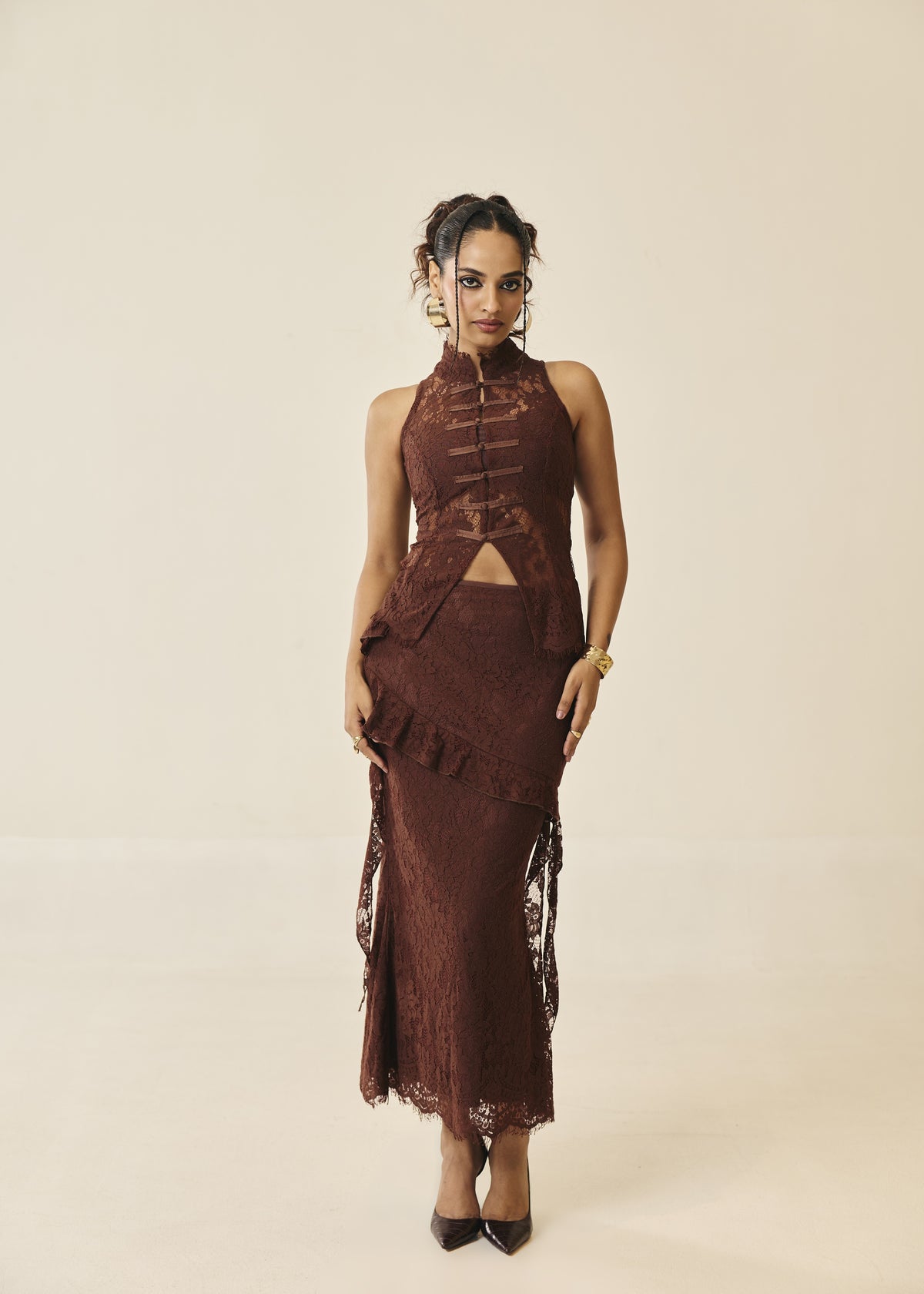 Santorini Espresso Lace Frog-Button Top