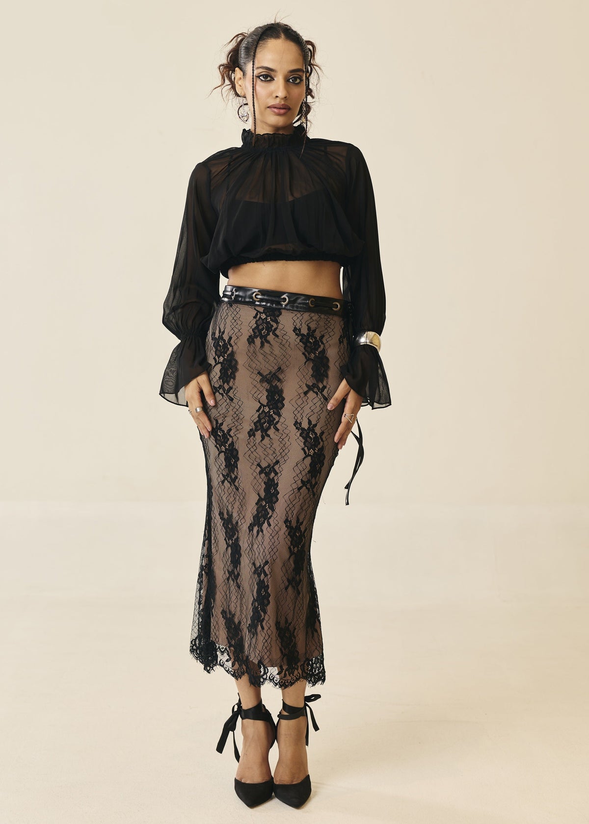 Rosalind Black Sheer Ruffle-Neck Blouse