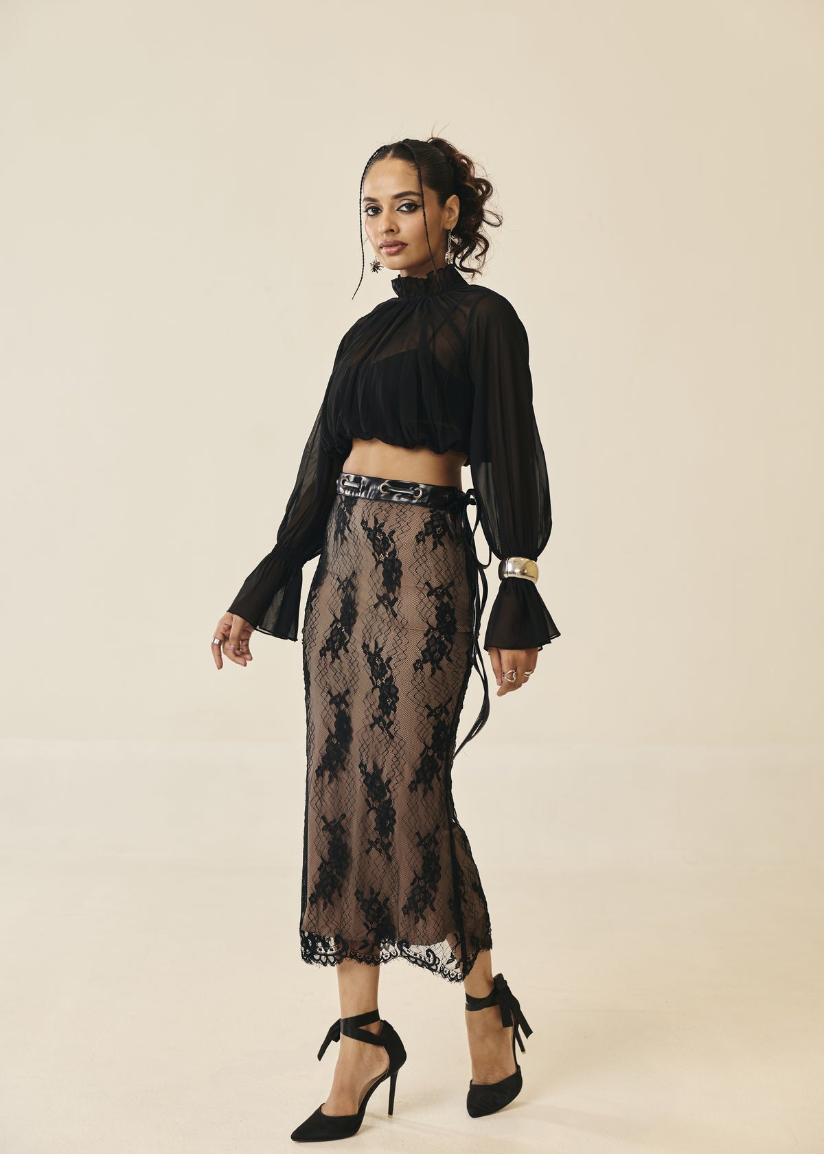 Rosalind Black Sheer Ruffle-Neck Blouse