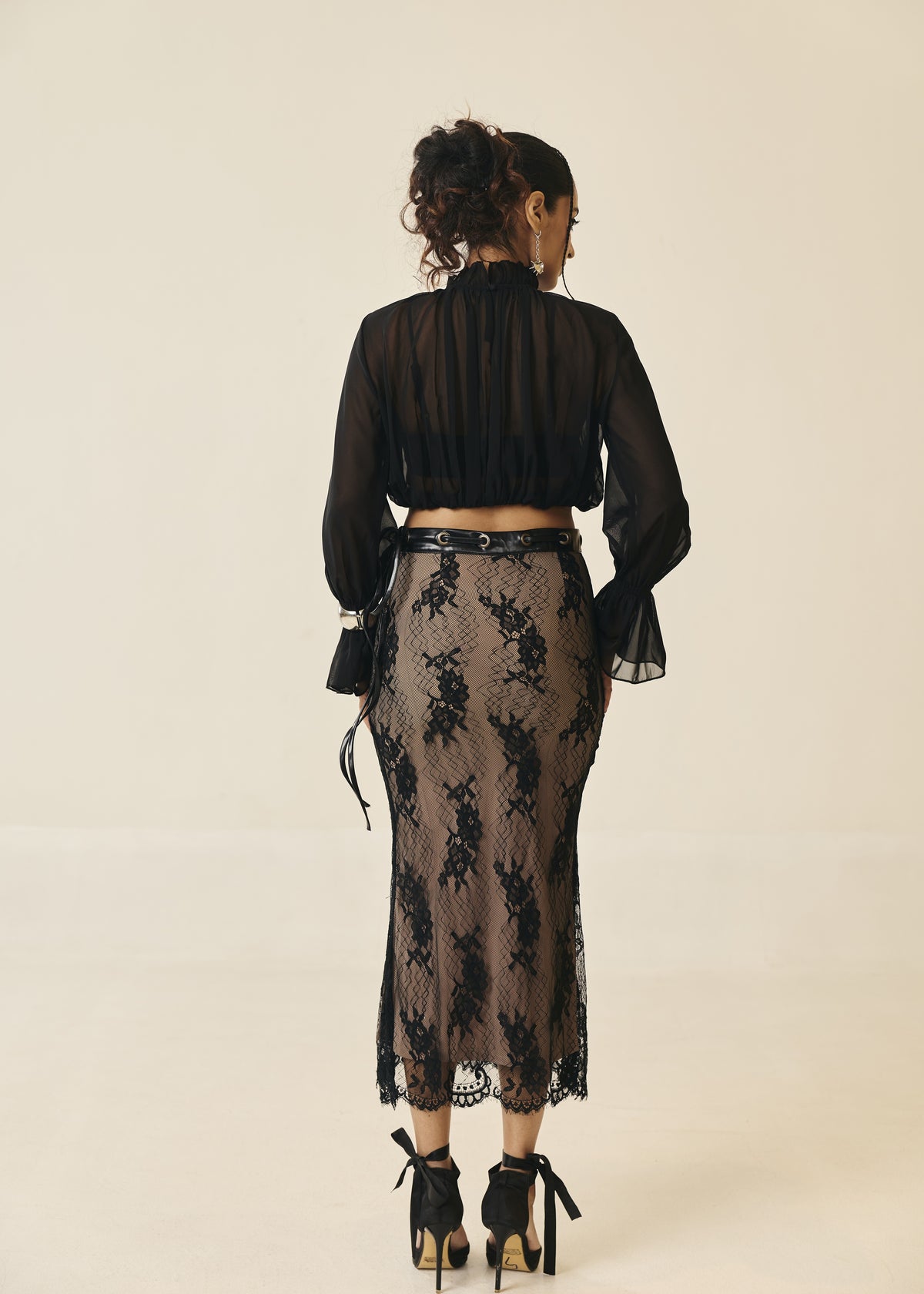 Rosalind Black Sheer Ruffle-Neck Blouse