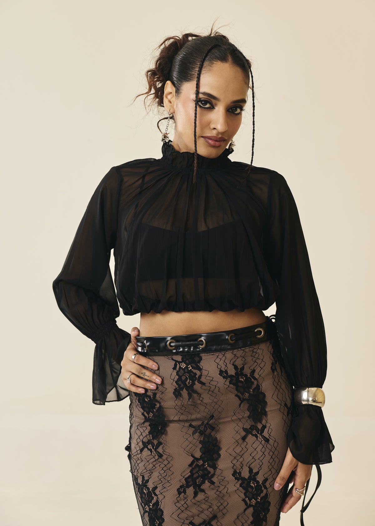 Rosalind Black Sheer Ruffle-Neck Blouse