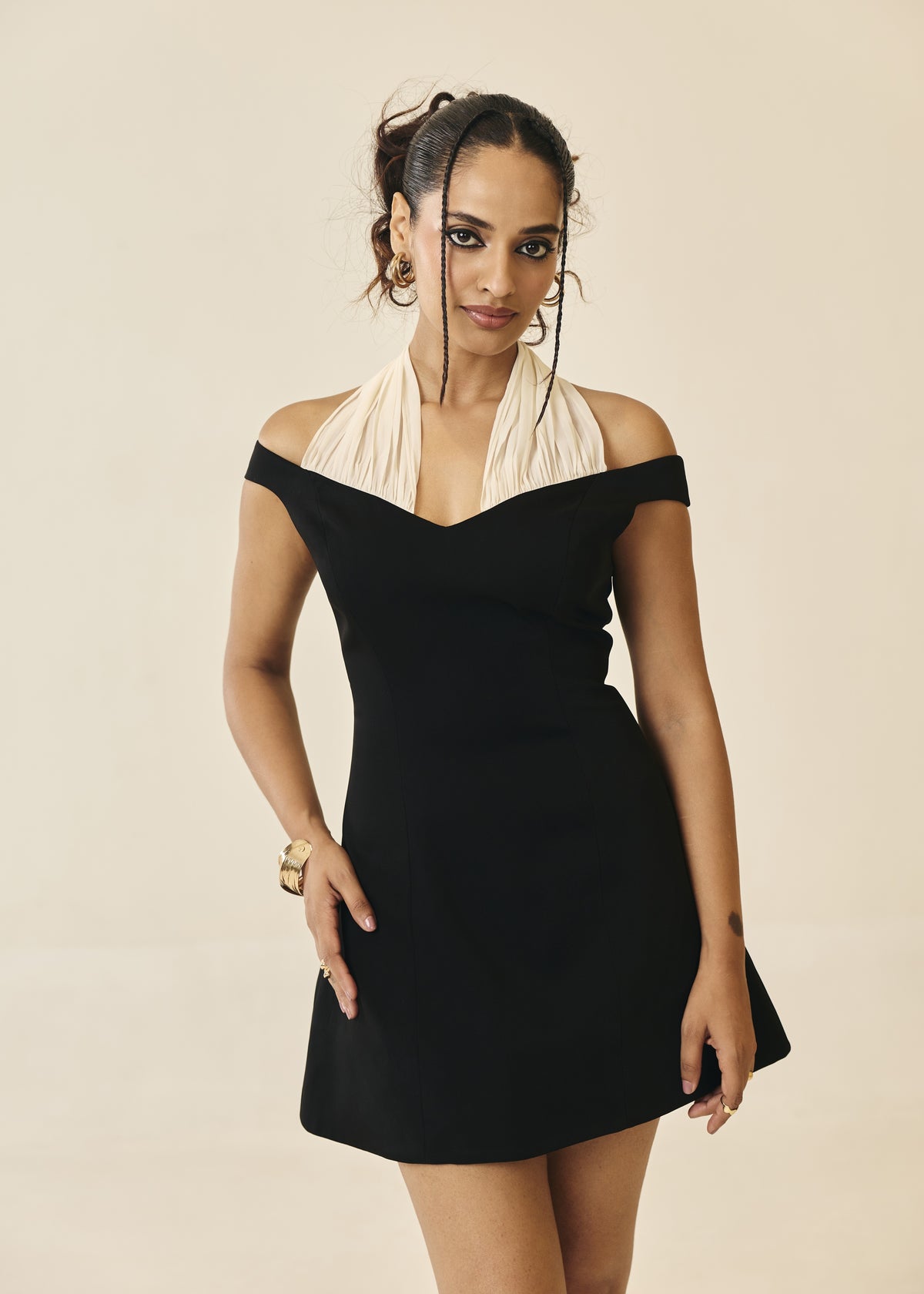 Zara Black Off-Shoulder Contrast Mini Dress