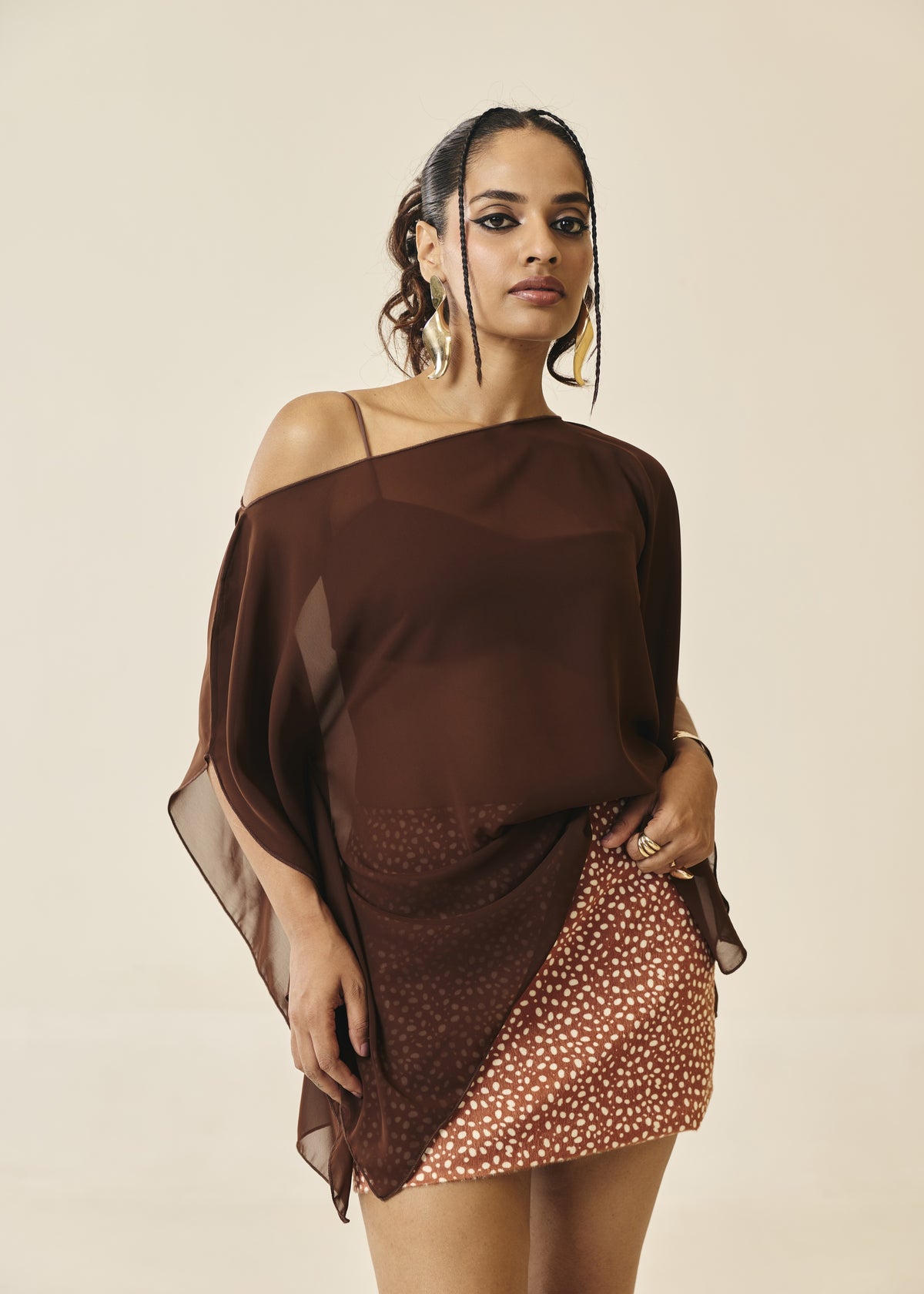 Arina Brown Sheer Asymmetric Cape Top