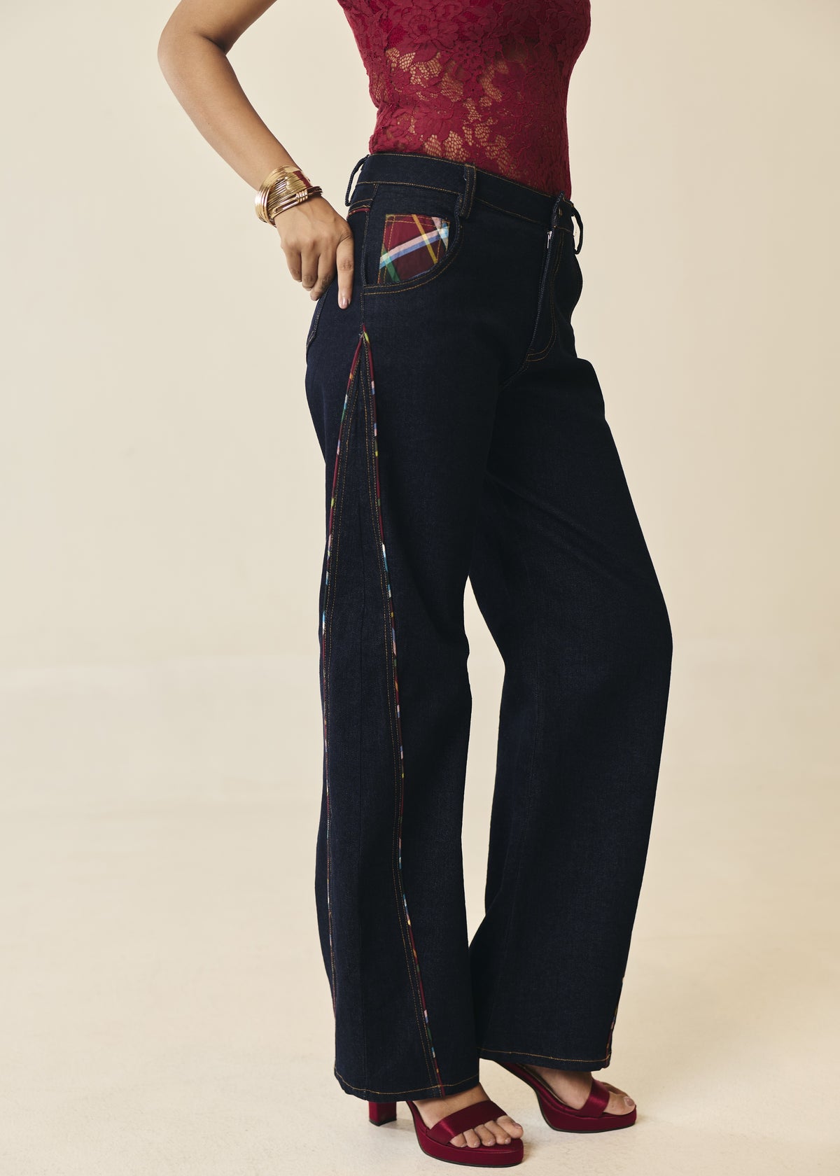 Ravello Plaid-Pocket Barrel Jeans