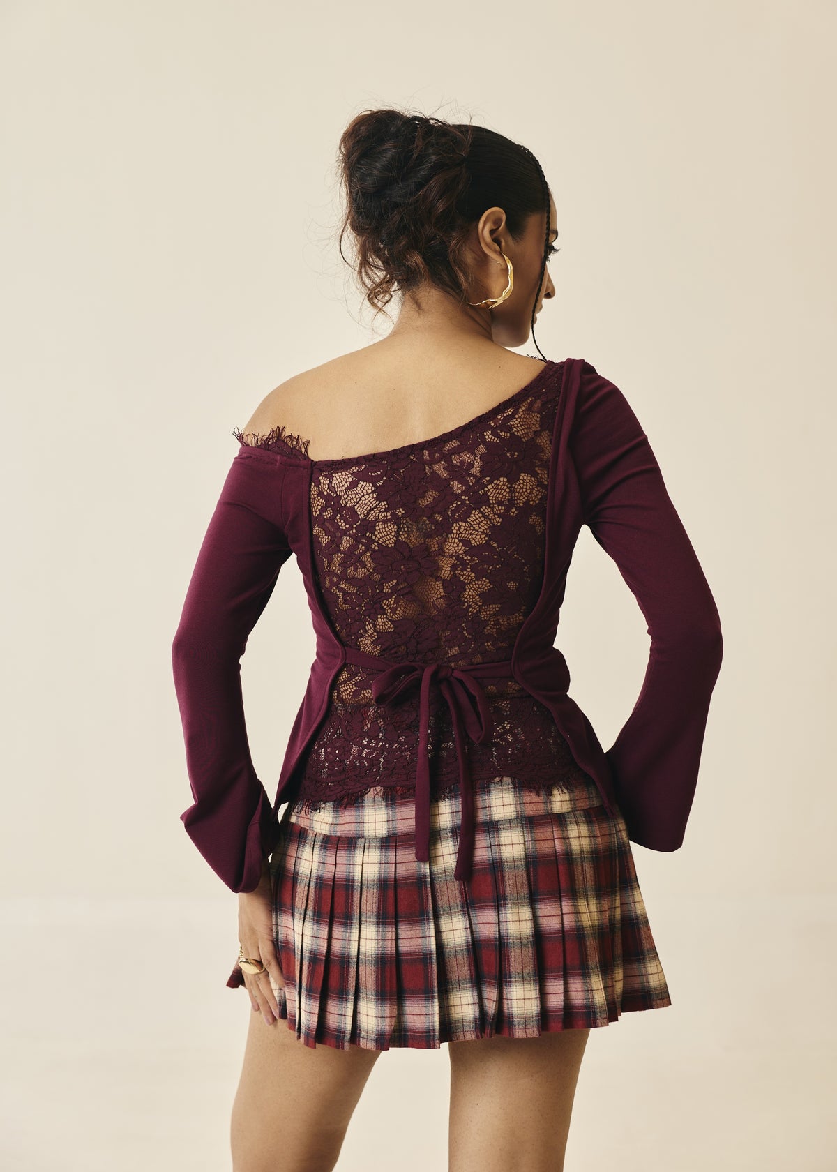 Juniper Wine One-Shoulder Lace-Back Top