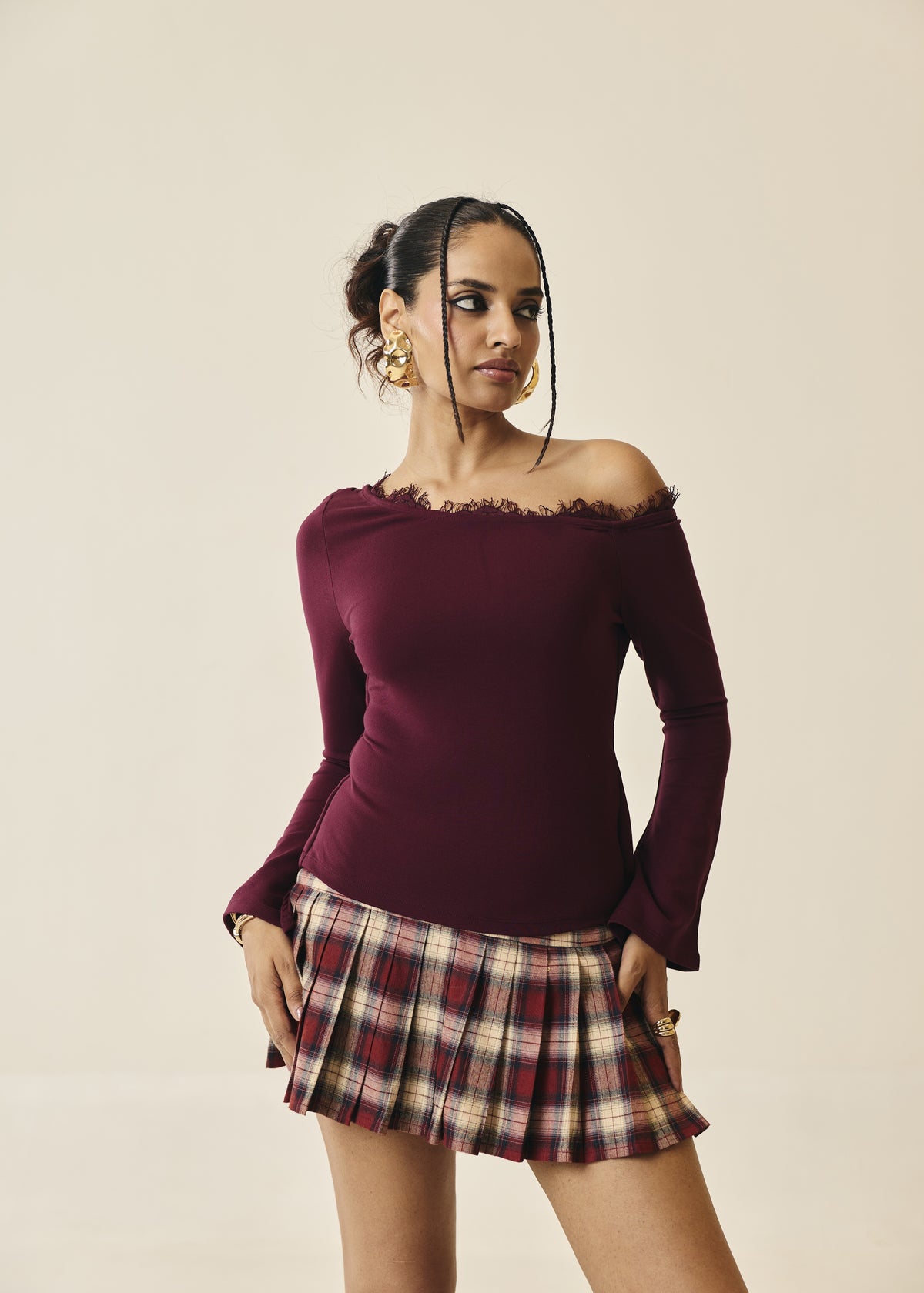 Juniper Wine One-Shoulder Lace-Back Top