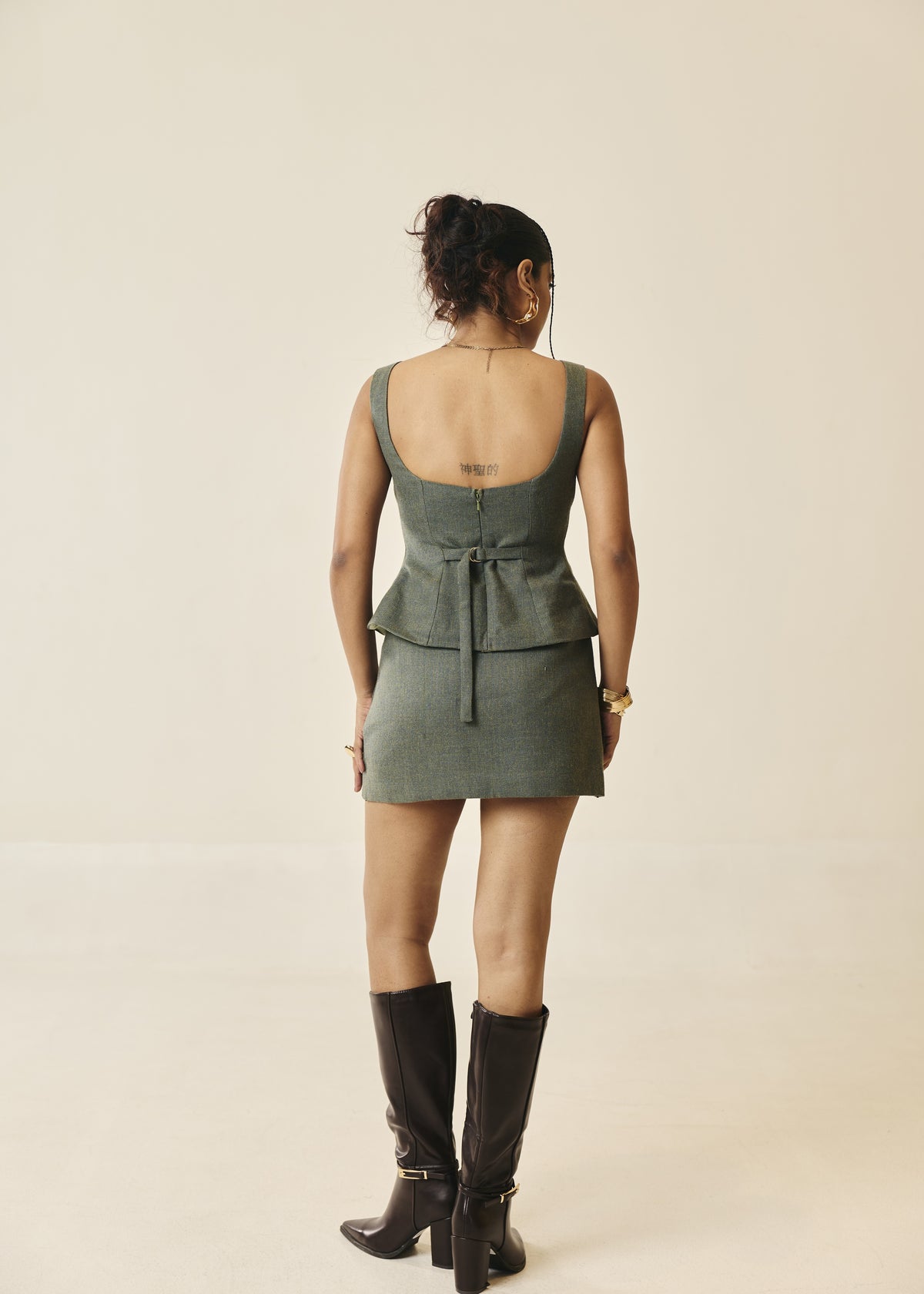 Corvine Olive Herringbone and Plaid Structured Top