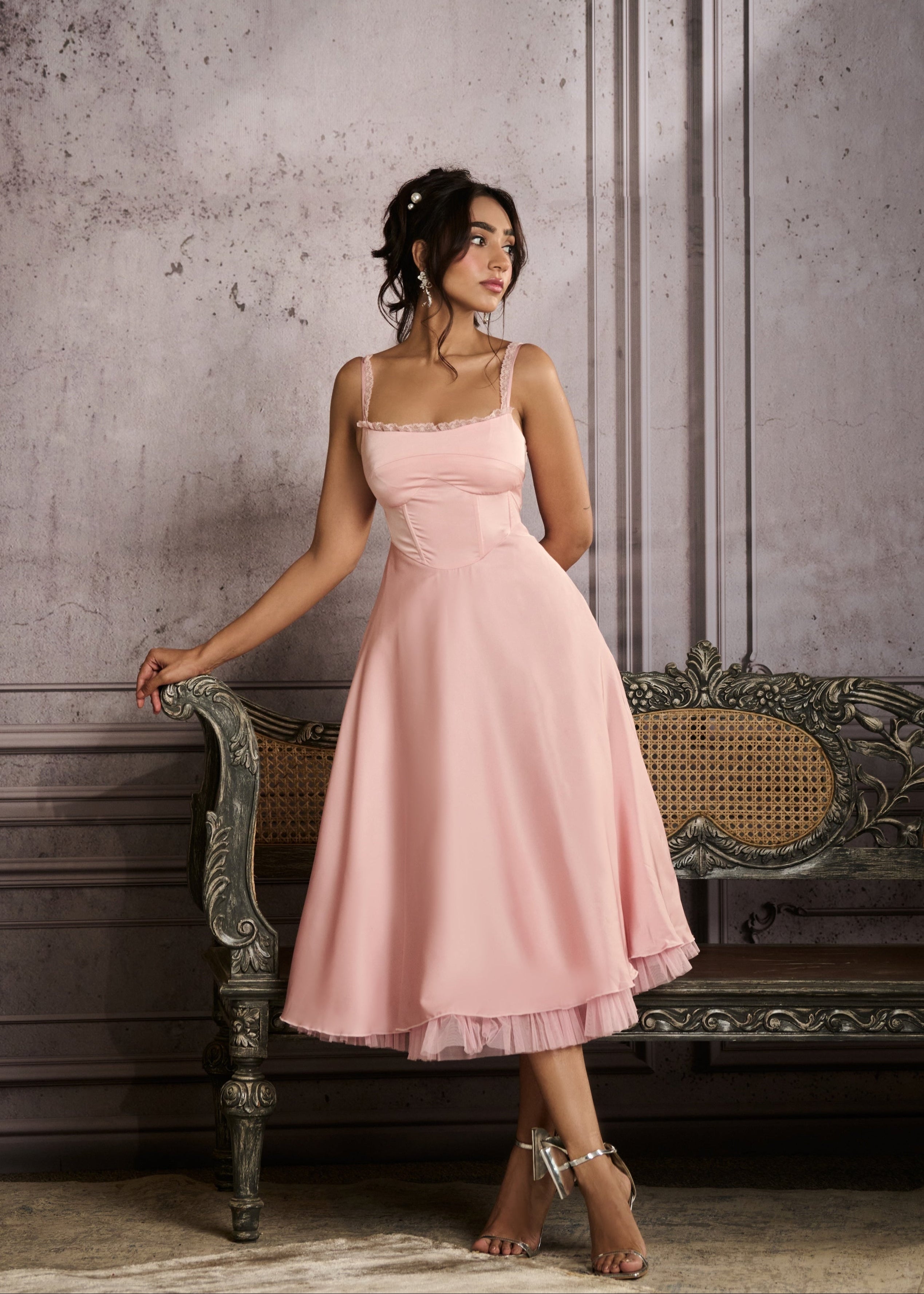 Sybil Baby Pink A-Line Corset Midi Dress