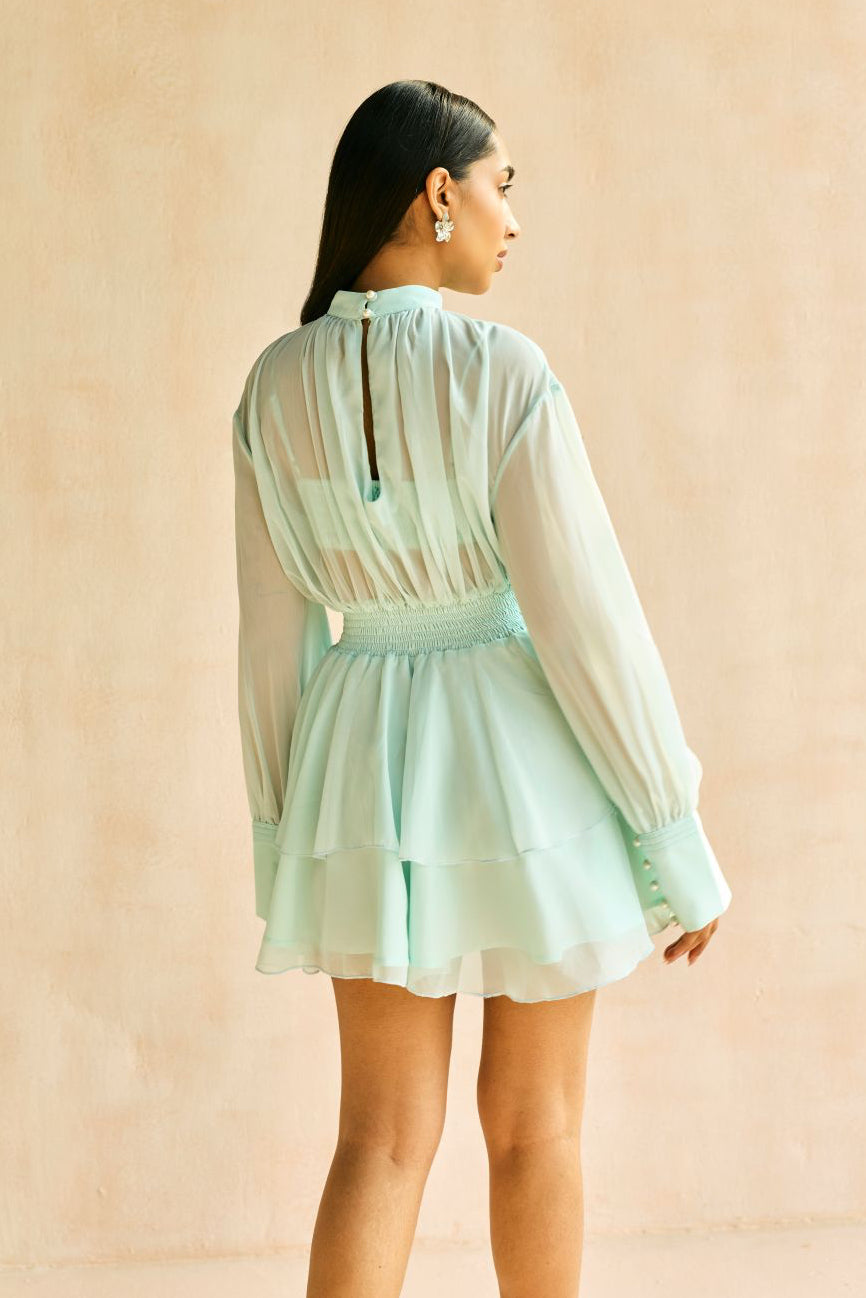 Misty Blue Tiered Ruffled Mini Dress