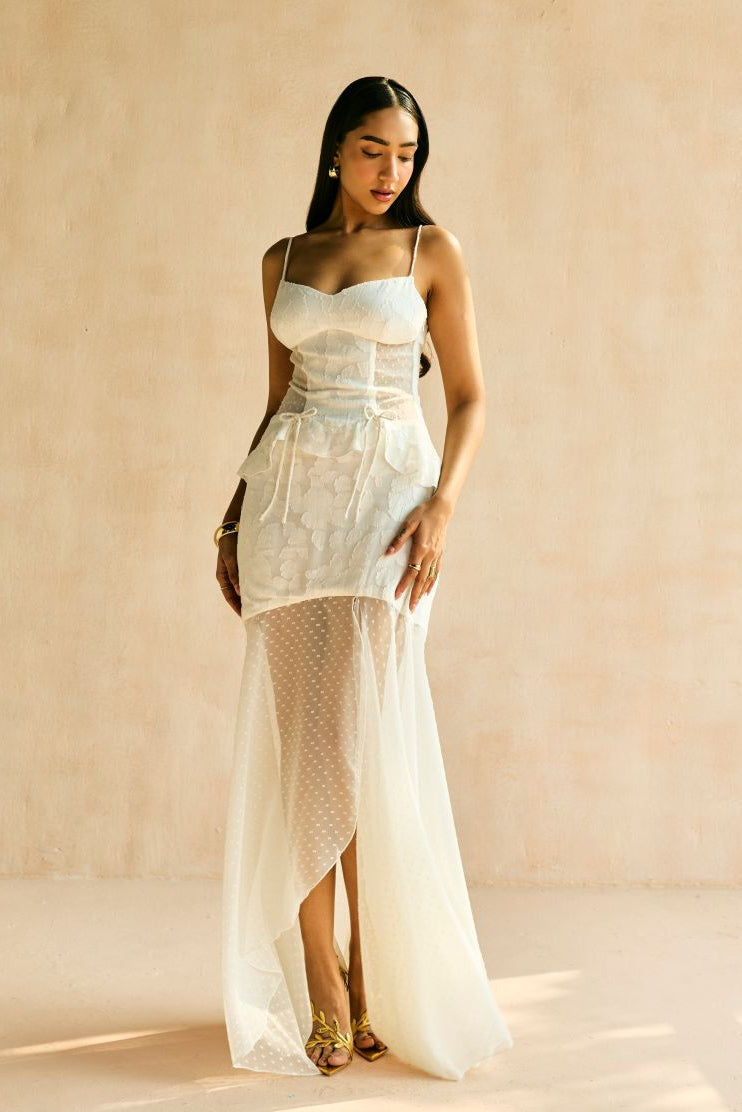 Lunara White Textured Flow Maxi Skirt