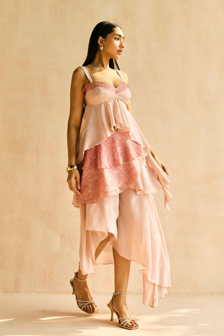 Blush Lace-Trim Asymmetric Hem Top