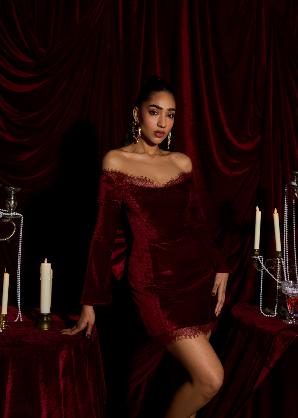 The Crimson Velvet Whisper Off-Shoulder Mini Dress