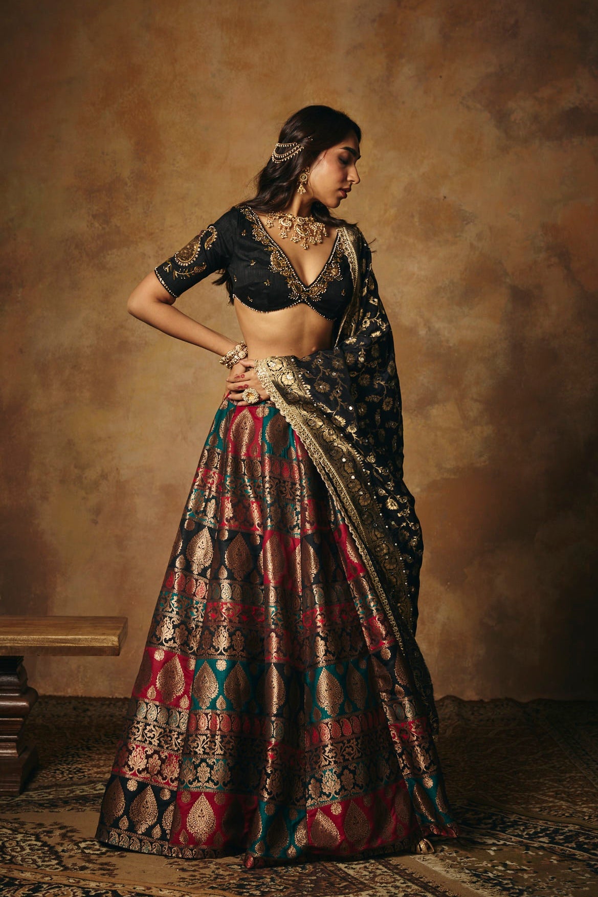 Mrinalini Black Banarasi Brocade Lehenga Set