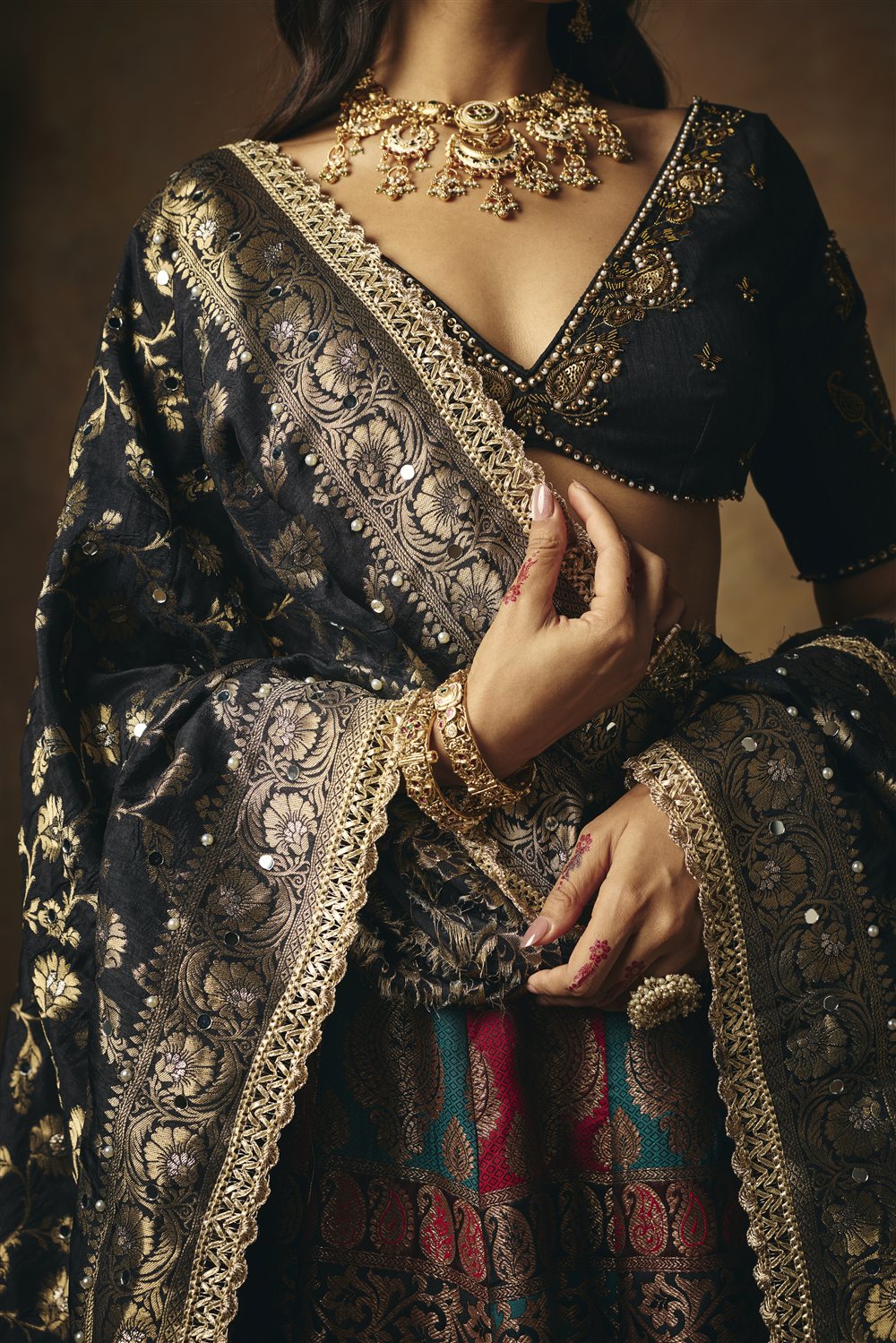 Mrinalini Black Hand Embroidered Raw Silk Blouse