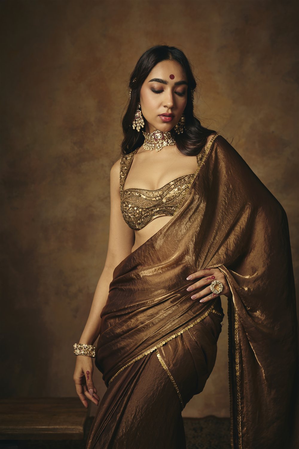 Hemangi Gold Dabka Embroidered Saree Set