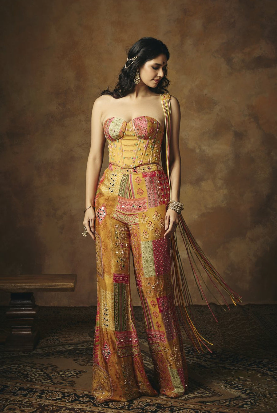Vasumati Yellow Print Embroidered Corset Set