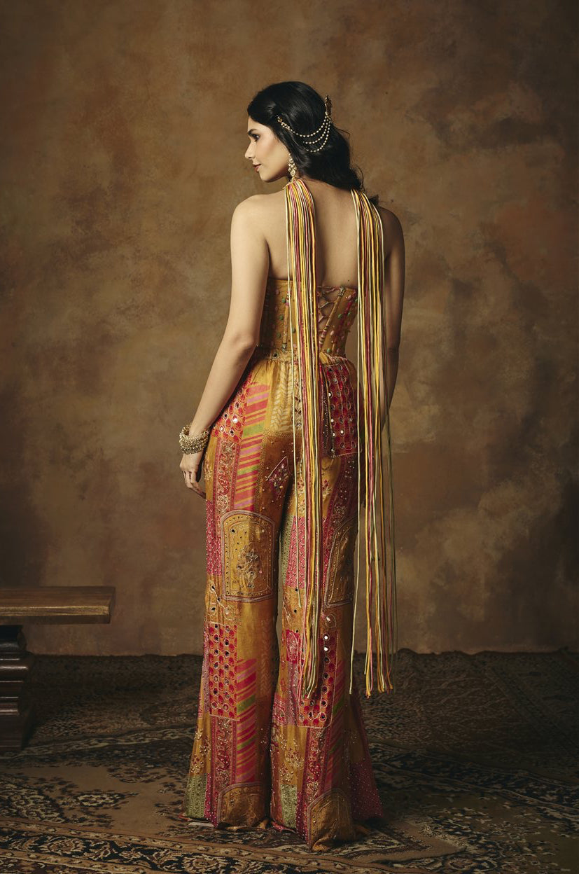Vasumati Yellow Print Embroidered Corset Set