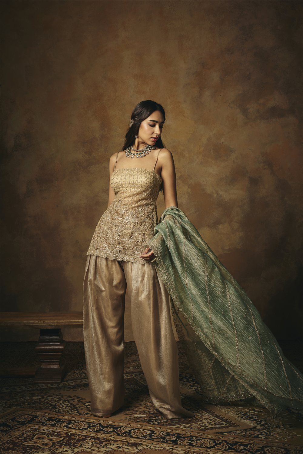 Aarunya Gold 3D Embroidered Farshi Suit Salwar Set