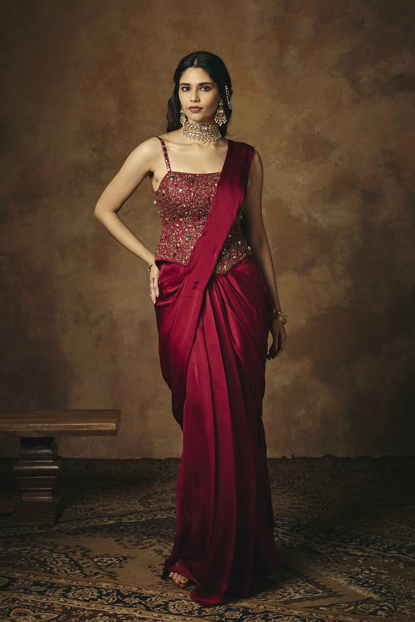 Lohita Burgundy Pre Draped Embroidered Corset Saree Set