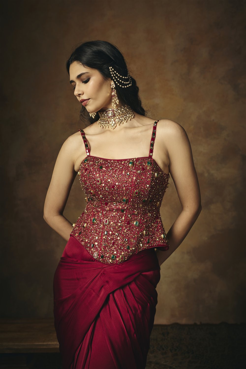 Lohita Burgundy Pre Draped Embroidered Corset Saree Set
