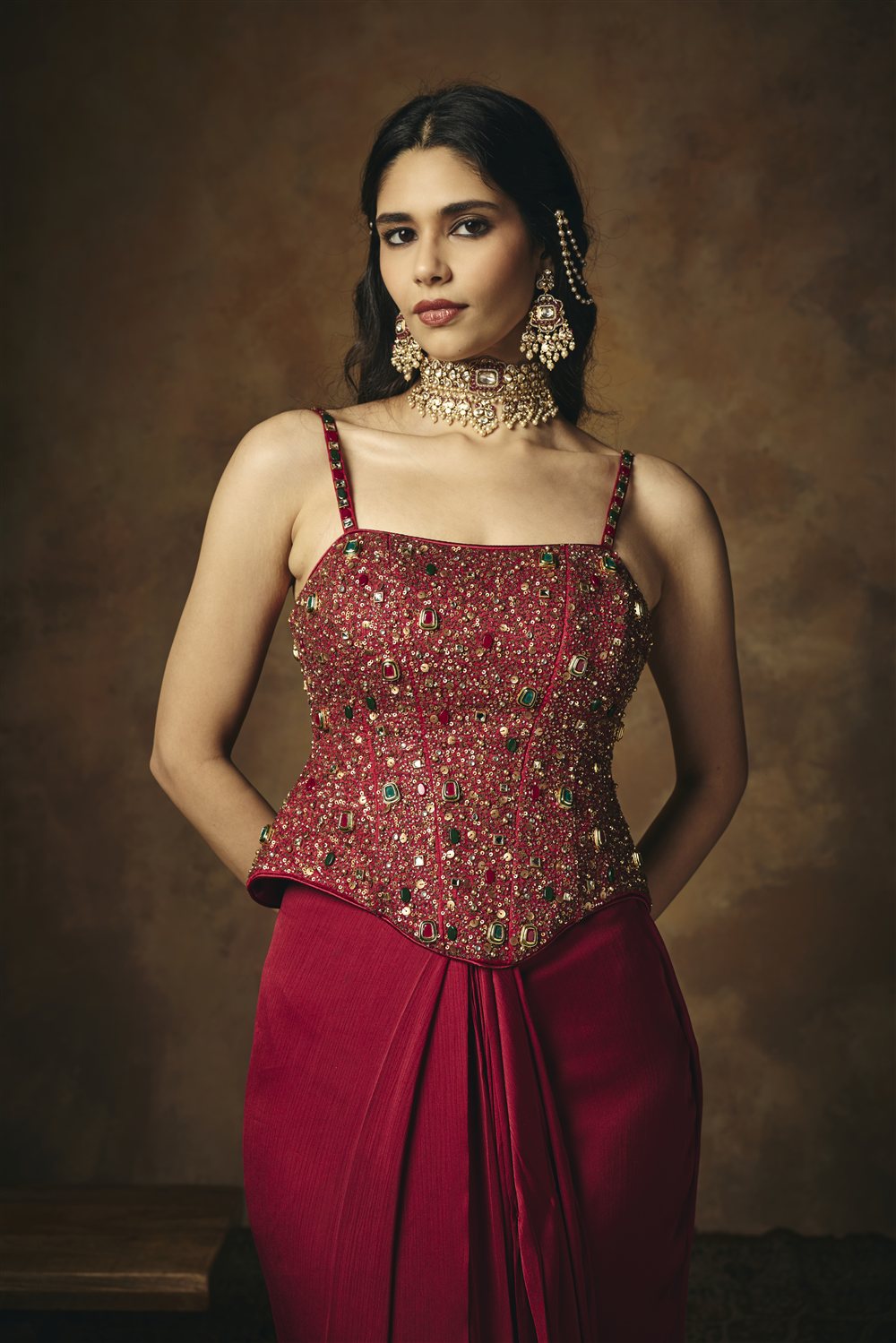 Lohita Burgundy Pre Draped Embroidered Corset Saree Set