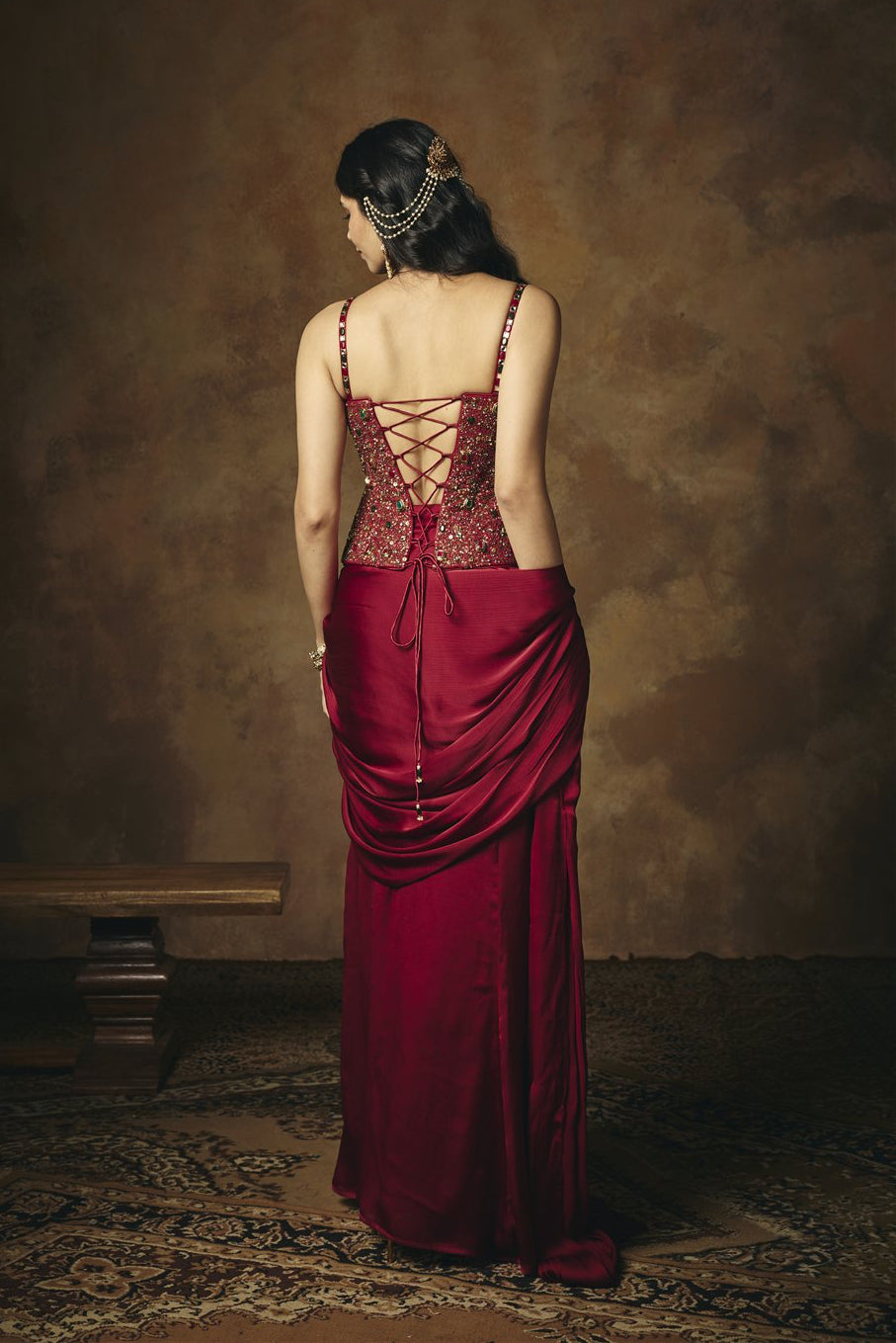 Lohita Burgundy Pre Draped Embroidered Corset Saree Set