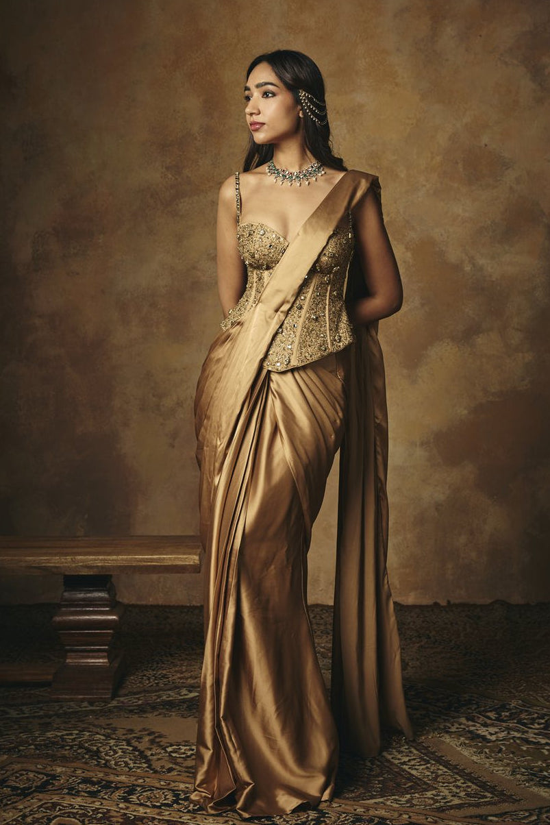 Padmini Golden Hand Embroidered Pre-Draped Corset Saree Set