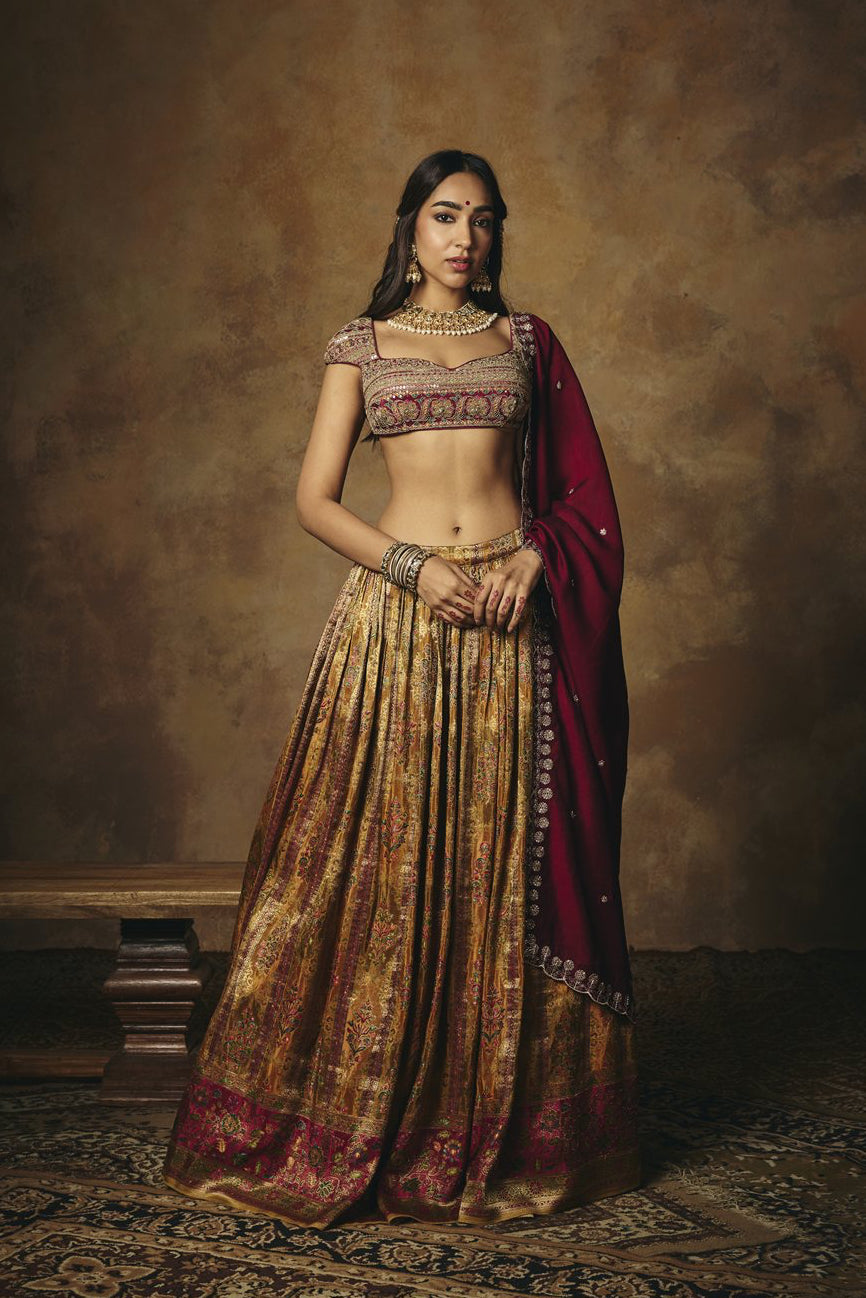 Amaira Mustard and Burgundy Banarasi Tissue Lehenga Set