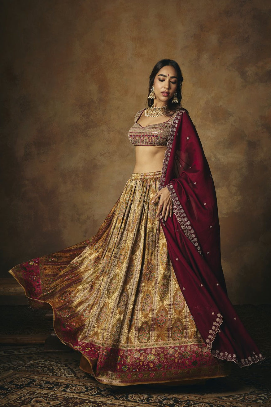 Amaira Mustard and Burgundy Banarasi Tissue Lehenga Set