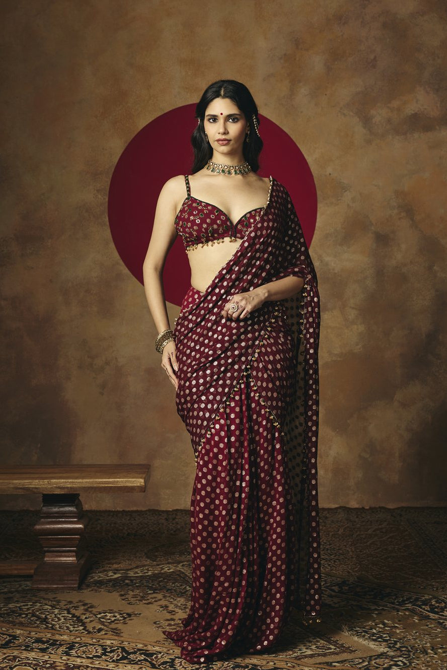 Revya Burgundy Banarasi Pre-Draped Embroidered Saree Set