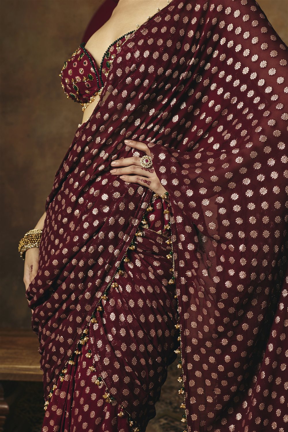 Revya Burgundy Banarasi Pre-Draped Embroidered Saree Set