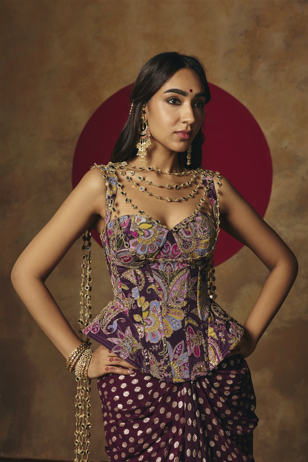 Poorva Purple Embroidered Corset Top & Draped Skirt Set