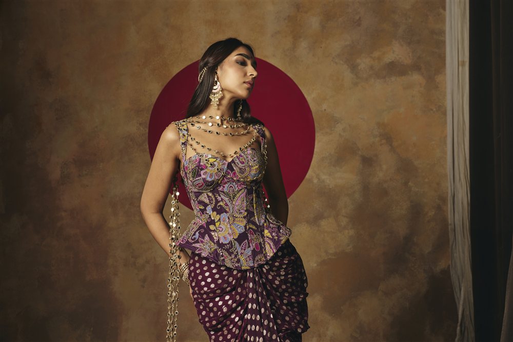 Poorva Purple Embroidered Corset Top & Draped Skirt Set