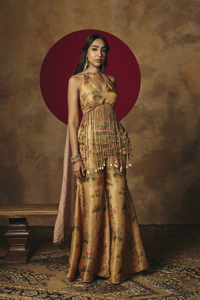 Mira Yellow Embroidered Tissue Tassel Sharara Set