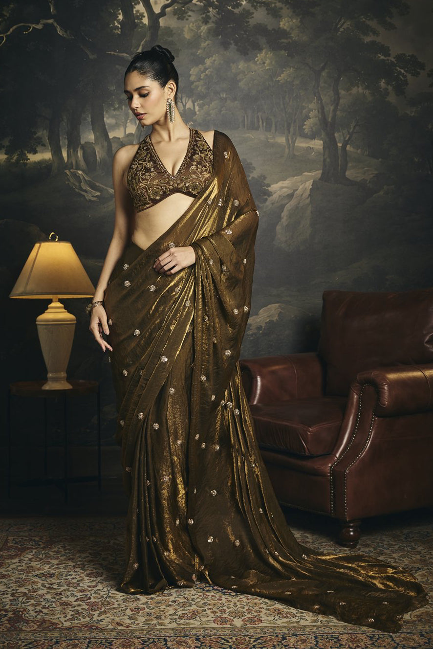 Kumud Olive Hand Embroidered Pre-Draped Saree Set
