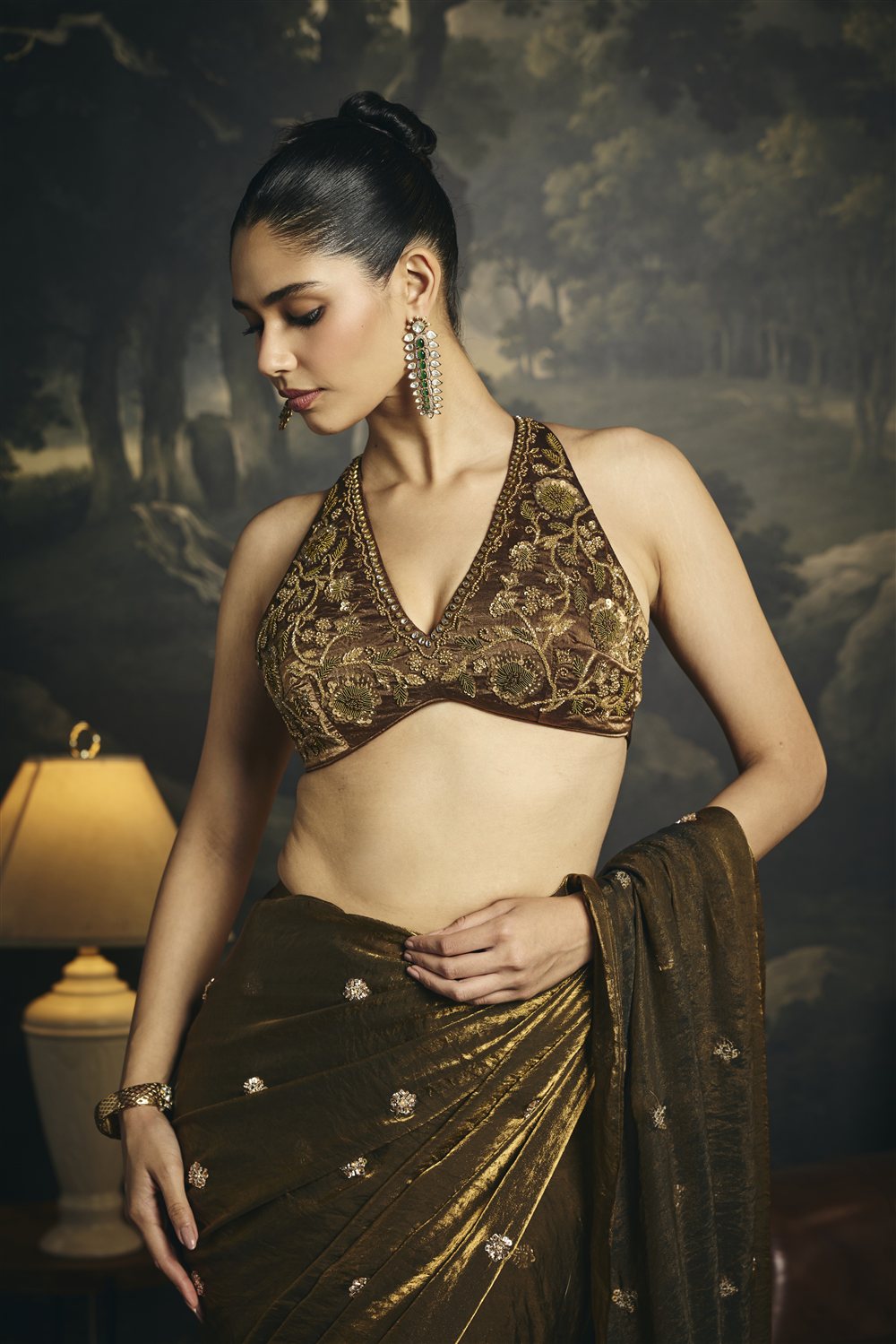 Kumud Olive Hand Embroidered Pre-Draped Saree Set