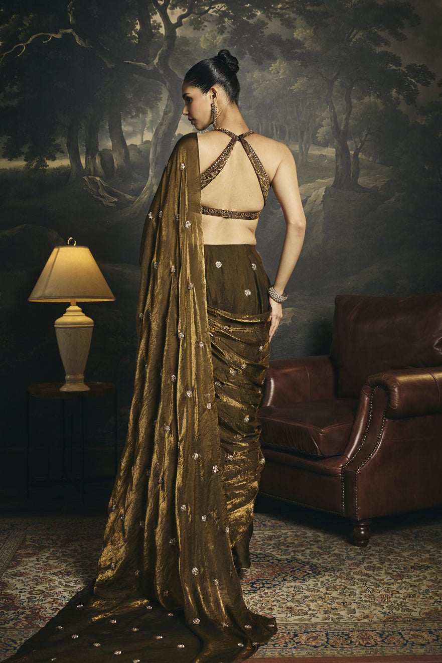 Kumud Olive Hand Embroidered Pre-Draped Saree Set