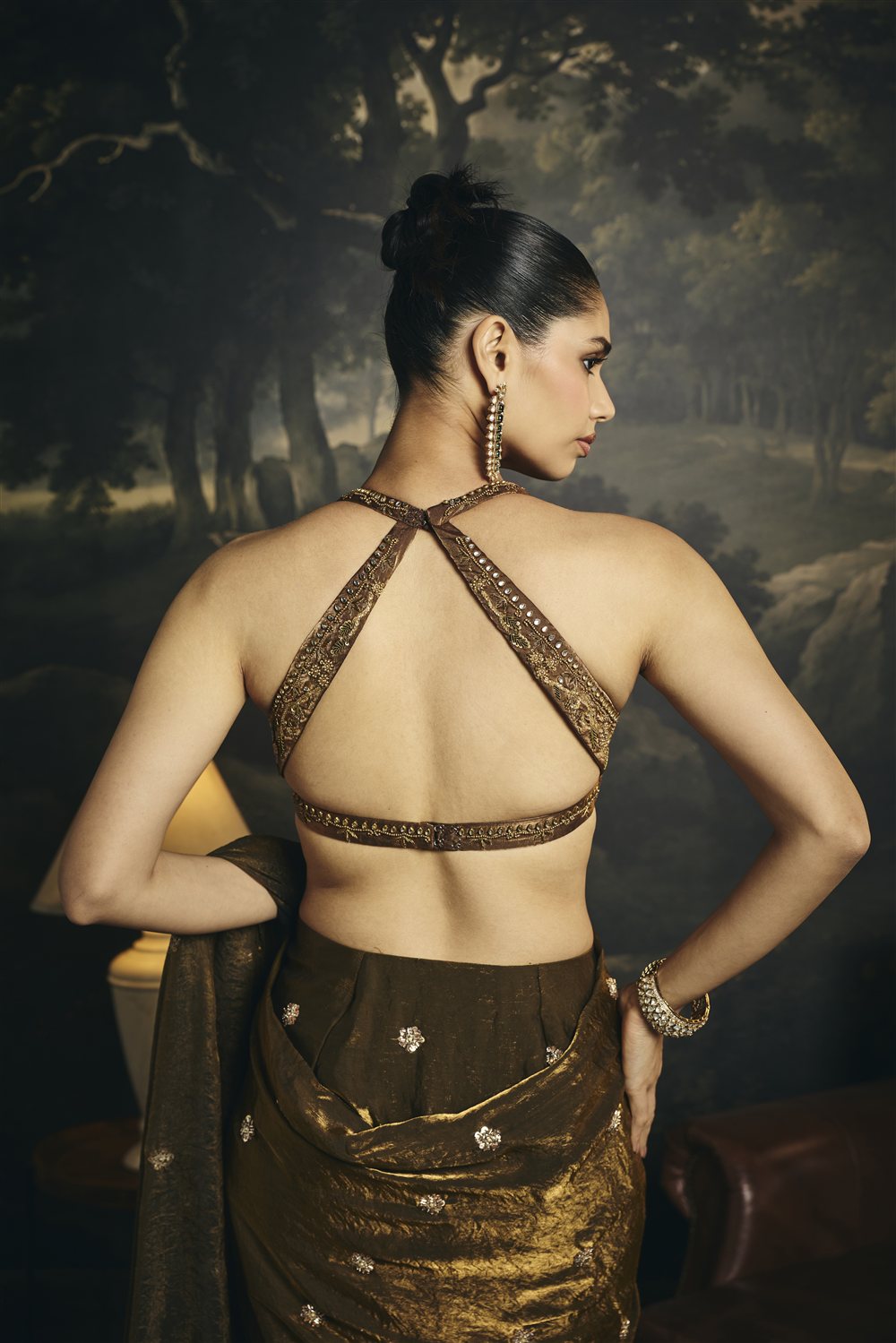 Kumud Olive Hand Embroidered Pre-Draped Saree Set